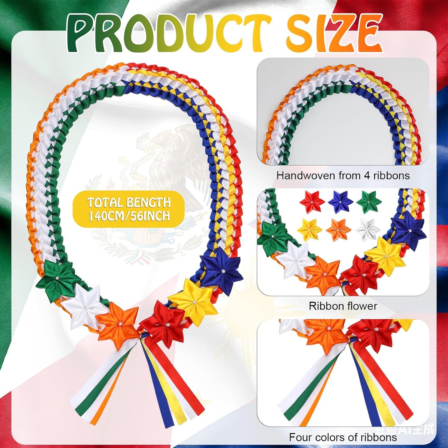 50 Inch Mexican Graduation Leis Class of 2026 Graduation Leis with 6 Satin Flowers Grad Necklace Gift for Filipino Mexico Philippines Italian Graduates BST202