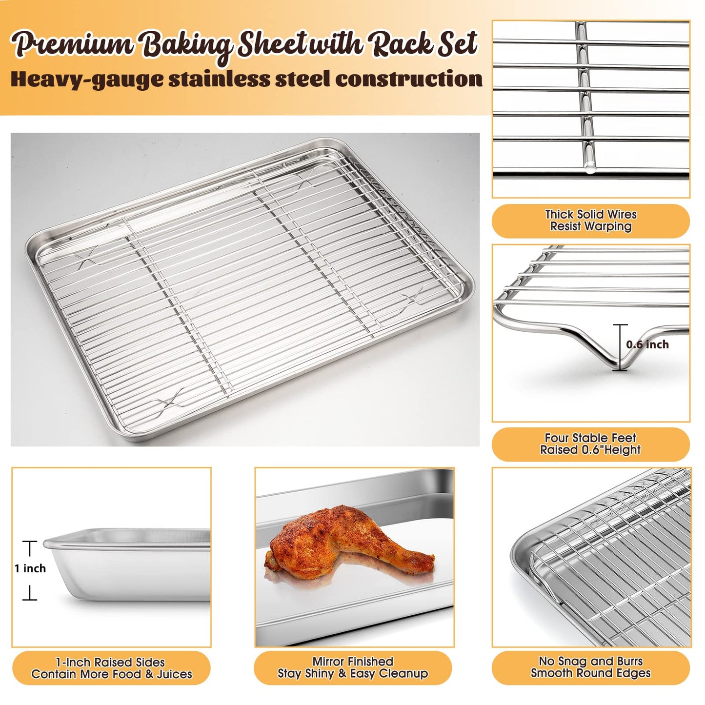 E-far Cookie Sheet with Rack Set, Half Sheet Baking Pan for Oven Cooking, 18”x13” Stainless Steel Rimmed Tray with Wire Cooling Rack for Roasting Broiling Bacon Meat Steak - Dishwasher Safe BST220