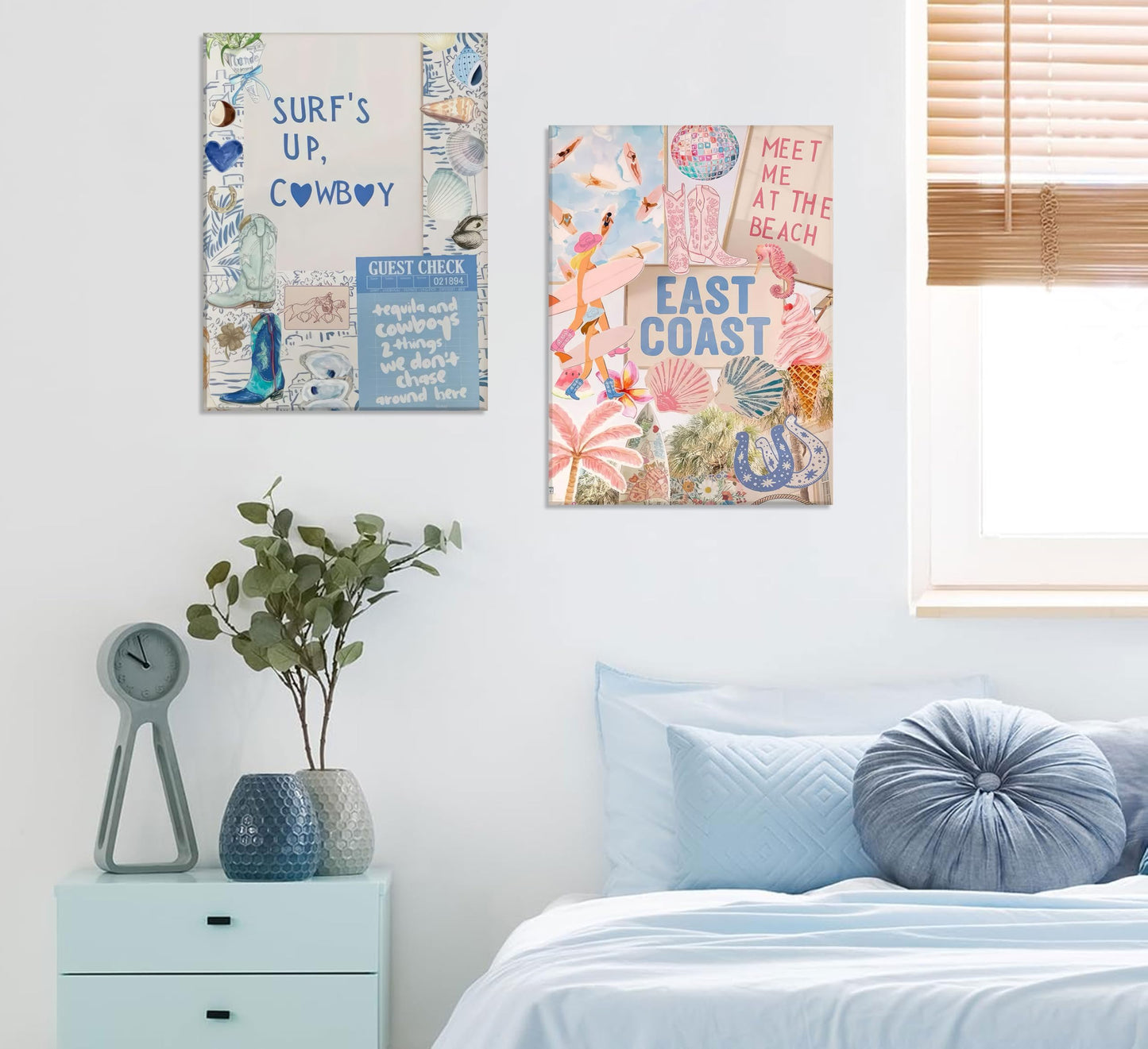 2PCS Pink And Blue Coastal Cowgirl Wall Art Surfboart Wall Decor Unframed | Coastal Girl Posters Beach Pictuers Cowboy Boots Prints for College Girls Dorm Bathroom Gallery Bedroom BST202