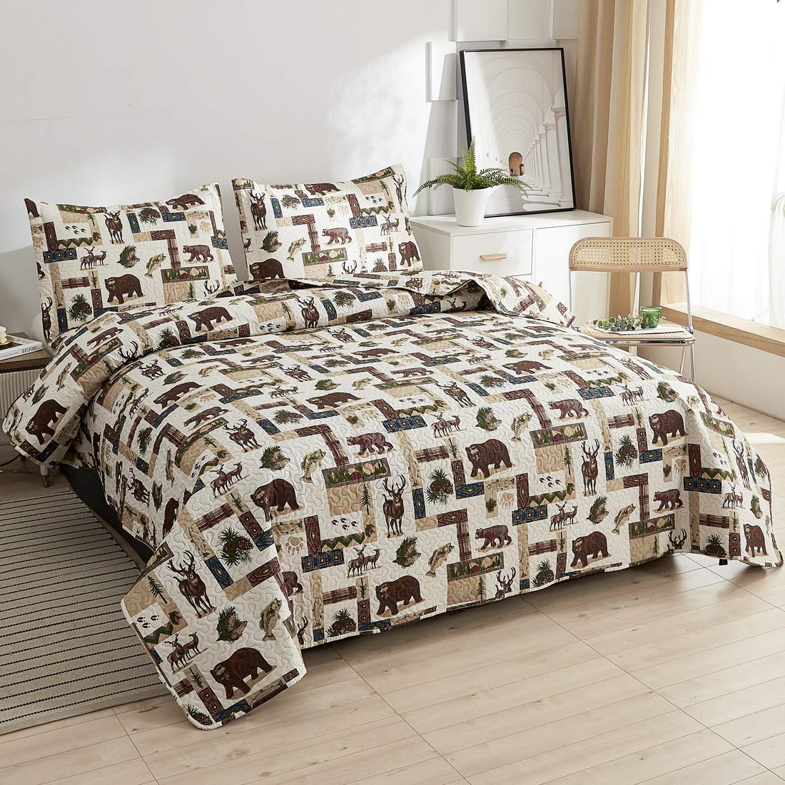 Rustic Moose Quilt Set King Size Lodge Quilt Lightweight Summer Cabin Bedspread Country Bedding Forest Bear Fish Pine Coverlet Daybed Cover Blanket Woodland Home Decor-Brown White BST220