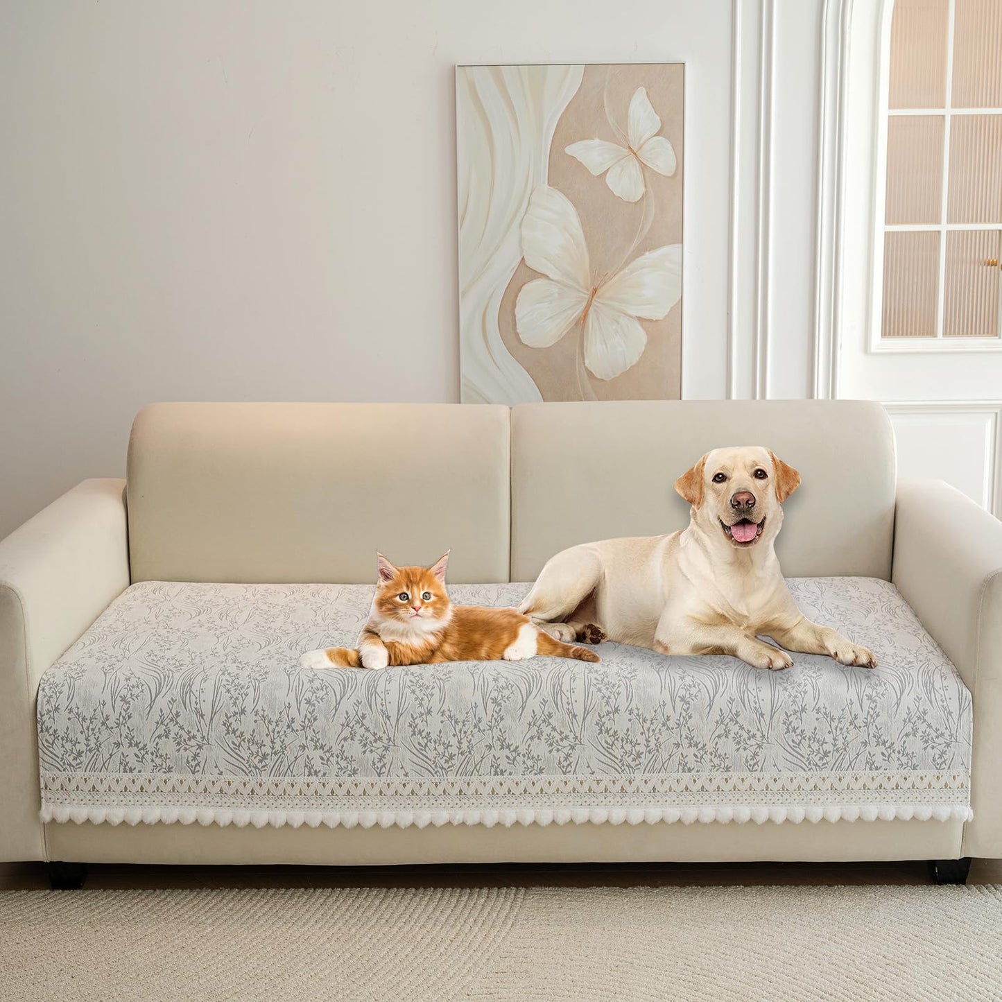 HANDONTIME Fuzzy Dog Couch Cover Washable, Pet-Friendly Sofa Covers Non-Slip Geometric Jacquard Pet Protector Furniture Cover for 3 Cushion Sofa Cozy Fuzzy Dog Mat for Couch (Grey, 35.4" x 70.9") BST202