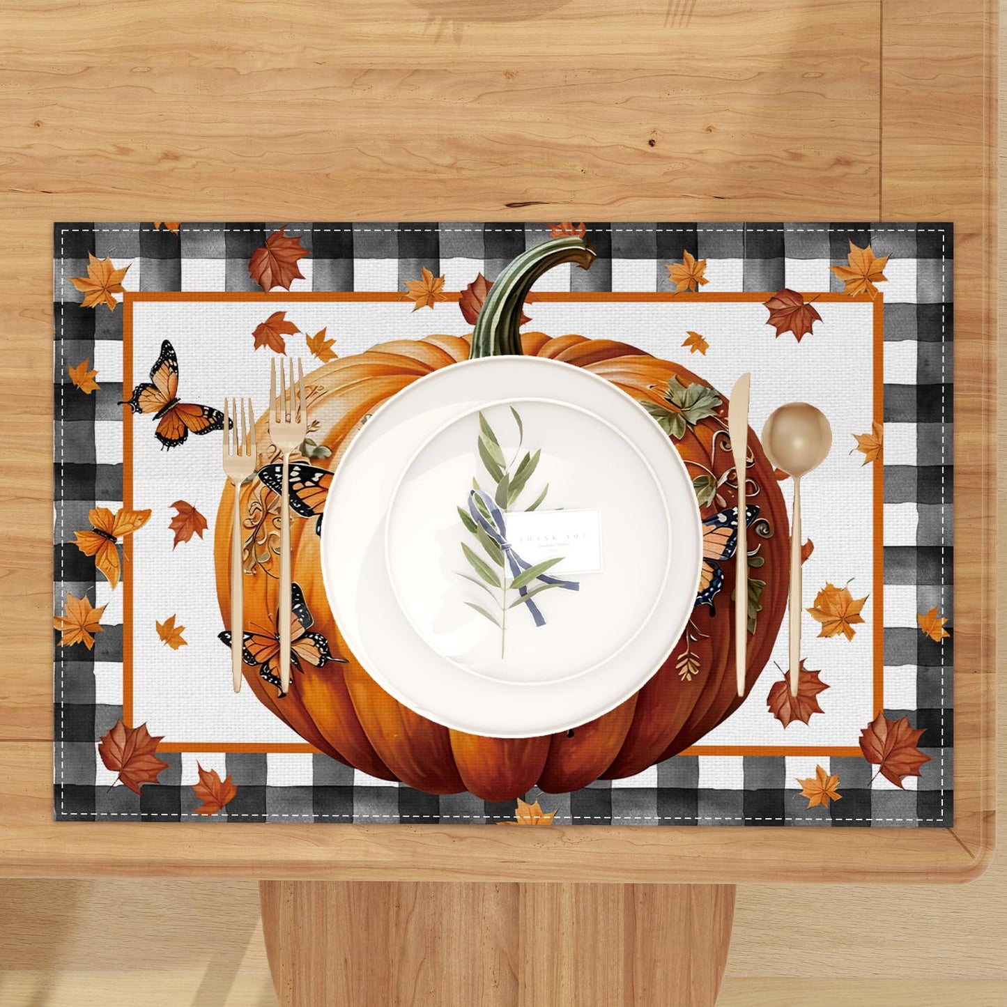 Linen Fall Placemats Set of 4 Fall Table Mats Farmhouse Pumpkin Butterfly Decor for Home Autumn Thanksgiving Home Kitchen Dining Room Table Decorations BST220