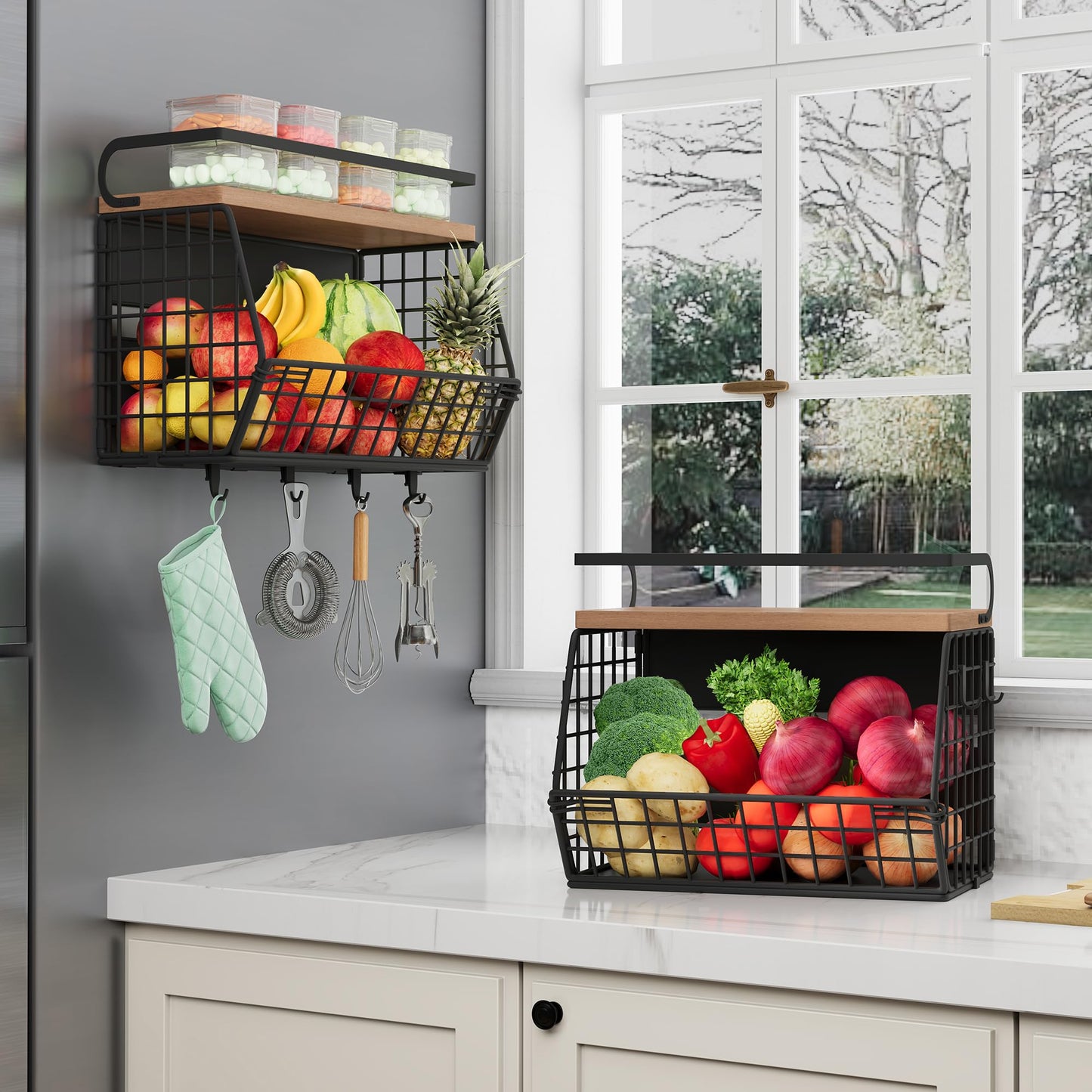 Magnetic Shelf for Fridge,Hanging Wall Basket for Potato Onion Fruit and Vegetable Storage Bins,Large Produce Container Magnetic Spice Rack for Refrigerator Kitchen Counter Pantry,Black BST220