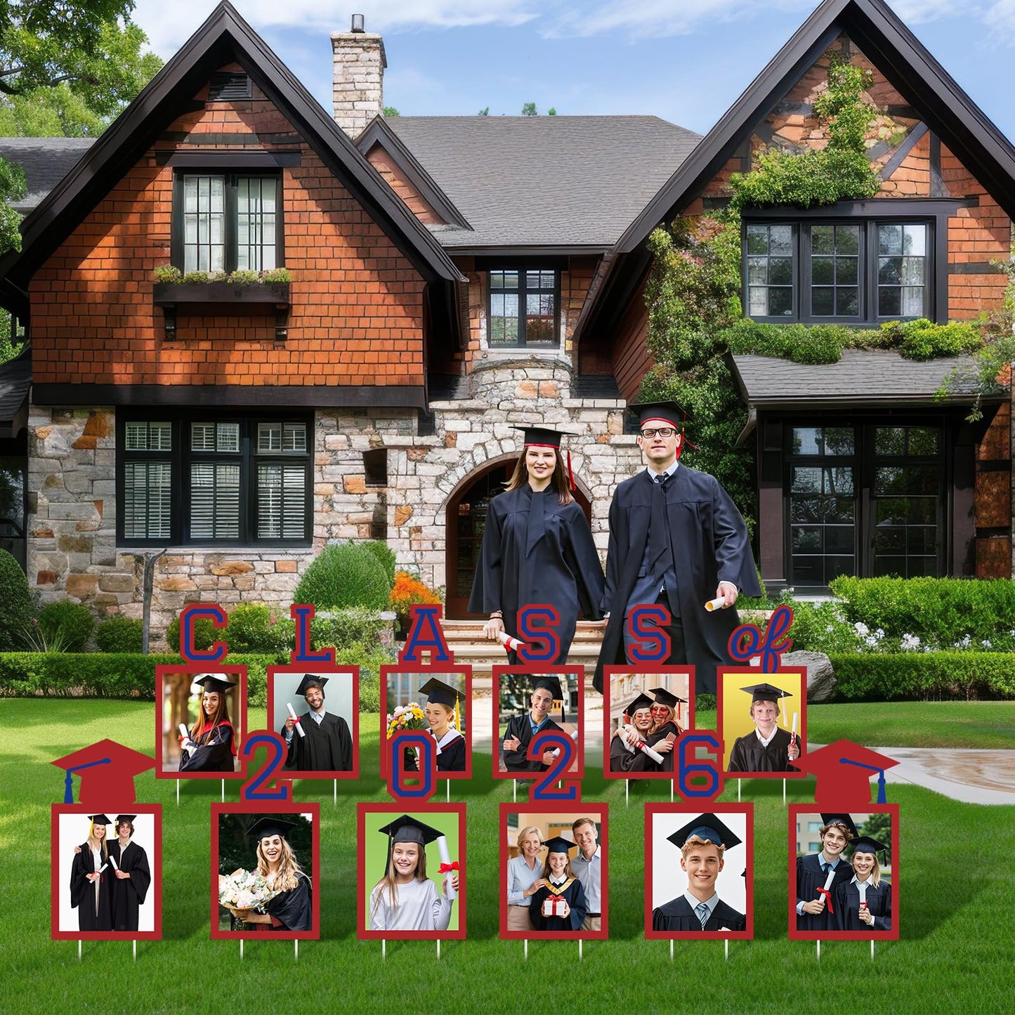 12 Pcs Graduation Photo Yard Sign Decorations 2026, K-12 Grade Graduation School Picture Frame Lawn Sign with Stakes for Kindergarten Middle High School Class of 2026 Grad Party Decorations, Red WN420