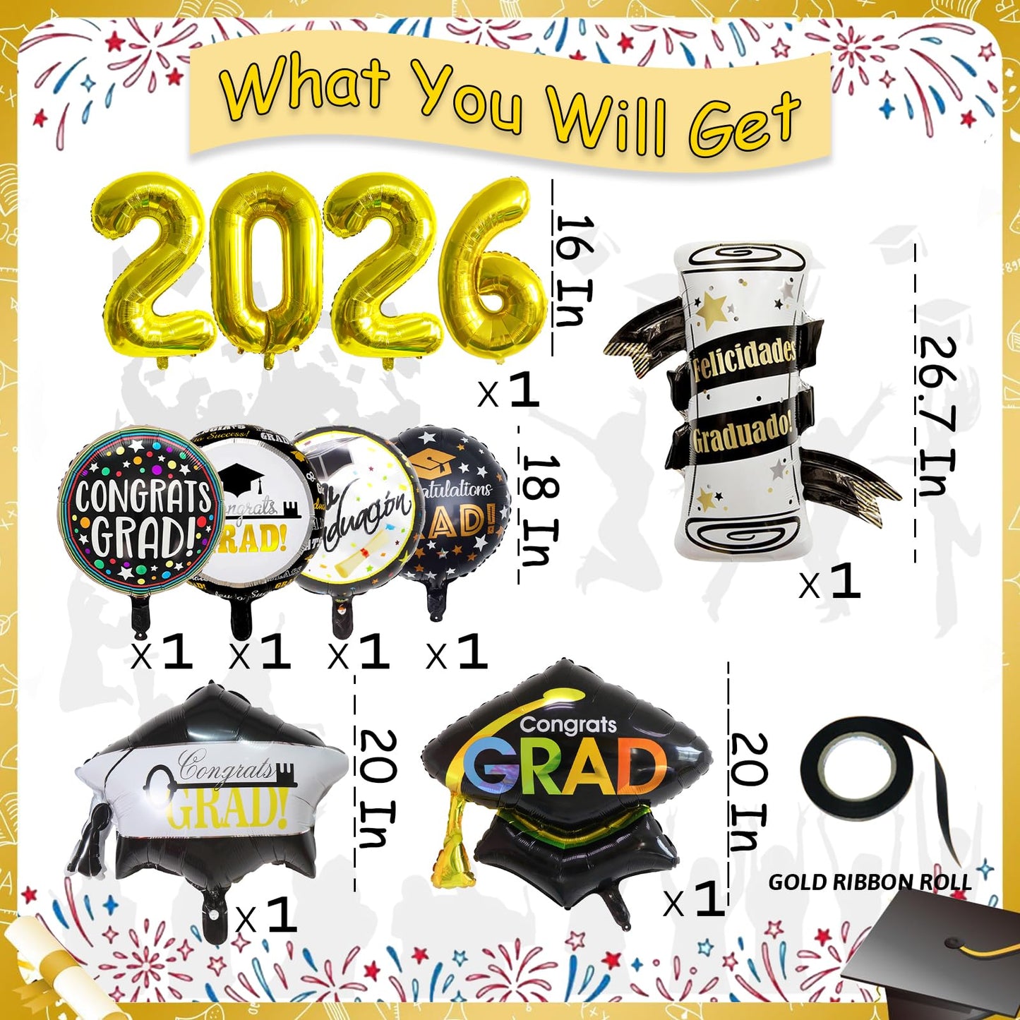 Graduation Balloons Congrats Grad Balloons Gold and Black Balloon for 5th Grade Graduation Decorations Grad Party Decorations 2026 BST326L
