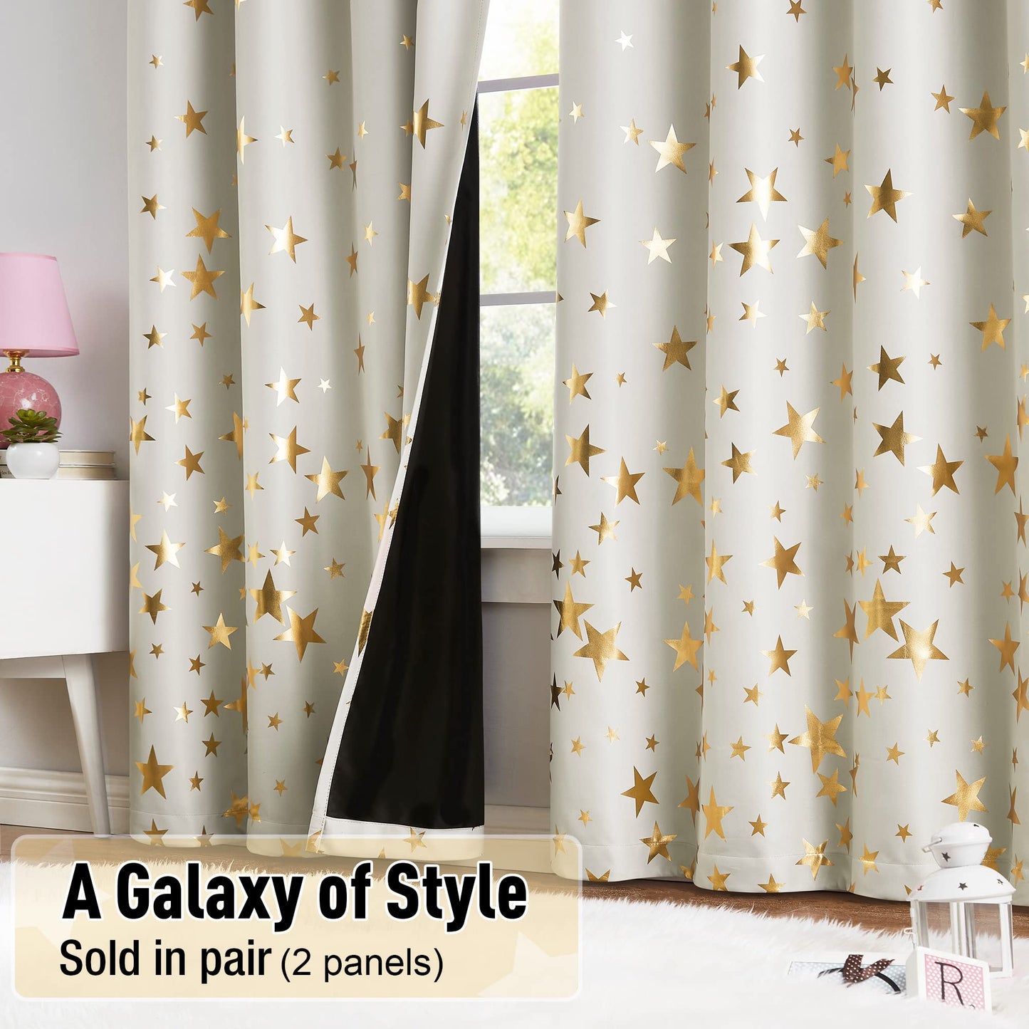 Treatmentex Gold Star Black Full Blackout Curtains for Boys Bedroom, Metallic Window Panels for Baby Nursery Room Grommet Top 2 pcs(Black Gold, 50x63in) BST202