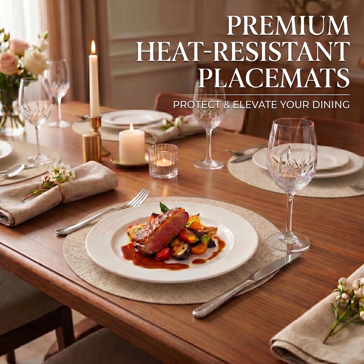 Faux Leather Placemats Set of 6, Wipeable Waterproof Stain Resistant Table Mats, Heat Resistant Thick Placemats with Hand-Painted Edges for Kitchen Dining, Imitative Linen Texture, Various Shapes BST326H