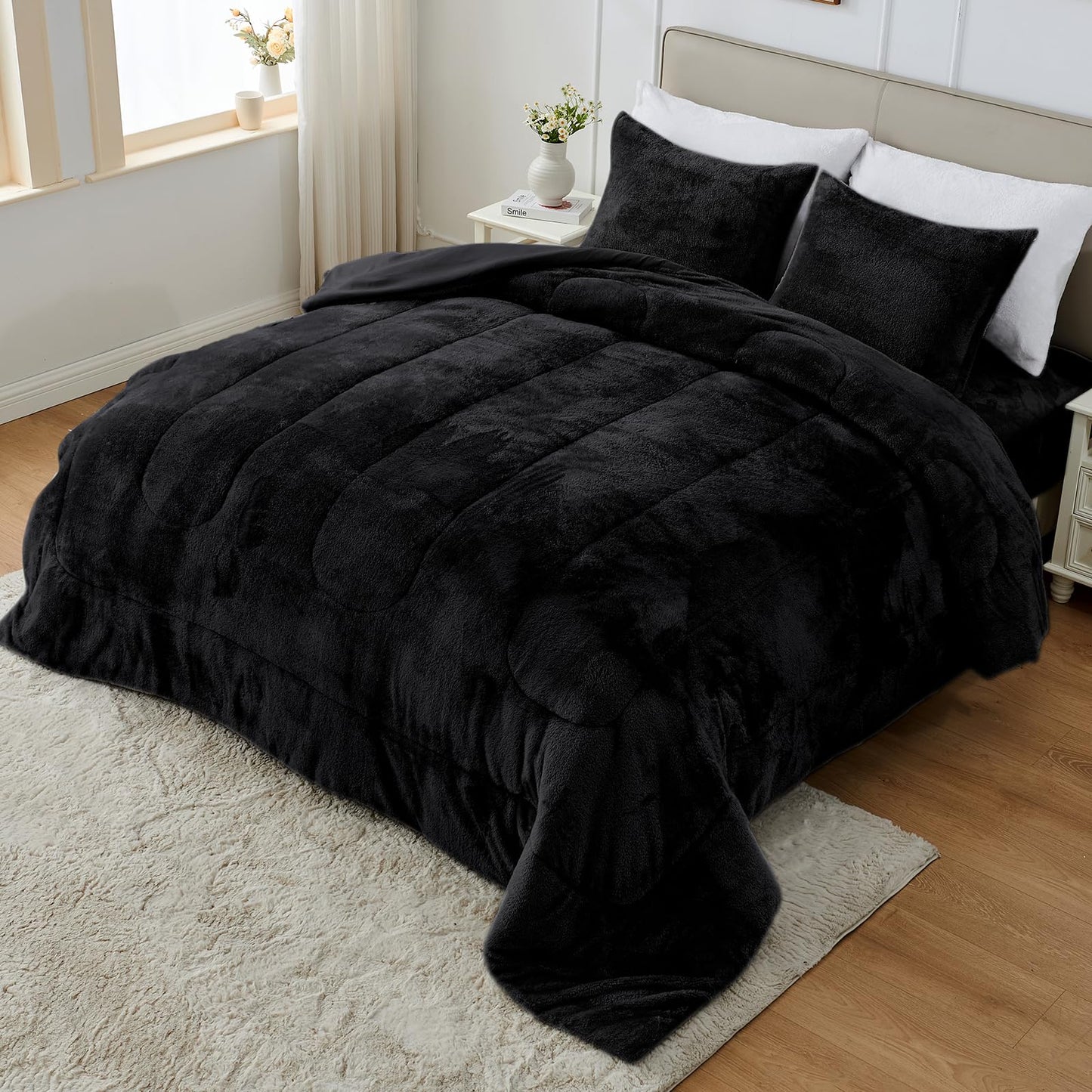 YIYEA Fluffy Queen Size Comforter Set, Luxury Faux Fur Comforter, Ultra Soft Plush Fuzzy Velvet Bedding Comforter Sets for Fall Winter, Cozy Warmth, No Shedding, 3PC, Queen, Light Grey BST326H