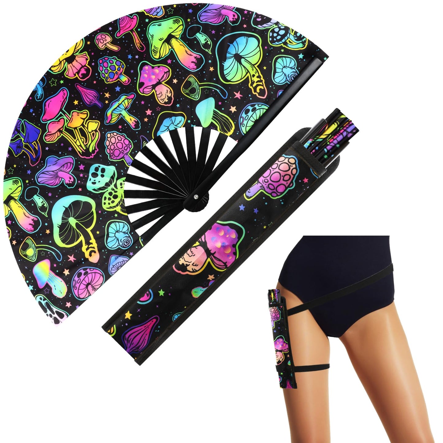 FairySandy Large Rave Fan UV Glow Clack Summer Hand Fan with Thigh Holster for Women Carnival Party Supplies for Carnival Edm Music Festival Club Accessories(Cool Style,Black) WN420
