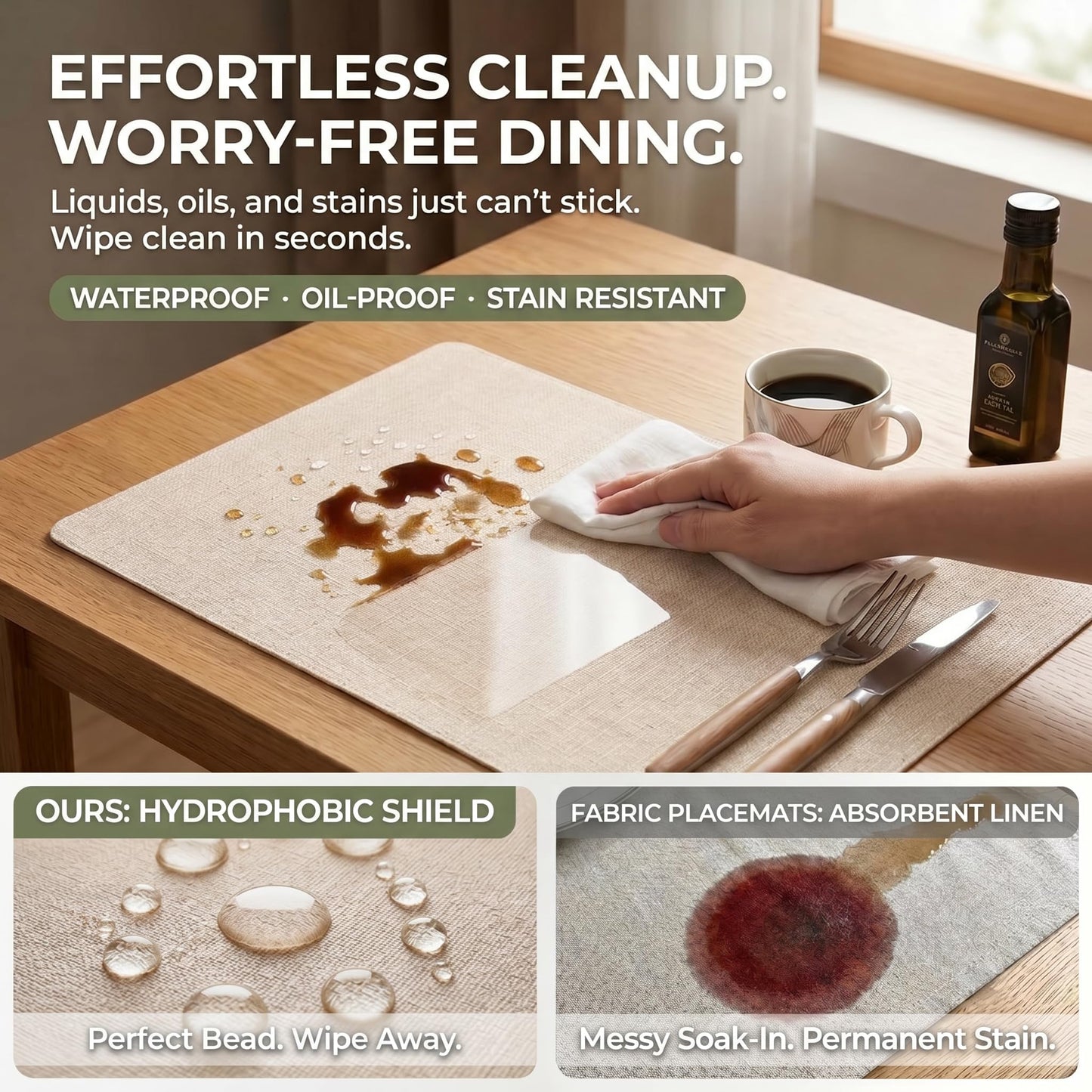 Faux Leather Placemats Set of 6, Wipeable Waterproof Stain Resistant Table Mats, Heat Resistant Thick Placemats with Hand-Painted Edges for Kitchen Dining, Imitative Linen Texture, Various Shapes BST326H