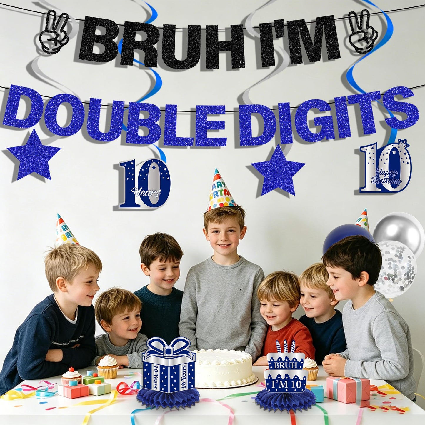 10th Birthday Decorations Banner Boys - 11 Pcs Silver Black Bruh I'M Double Digits Banners Hanging Swirls Honeycomb Table Decoration Latex Balloons For Boy 10 Year Old Bday Party Supplies BST220