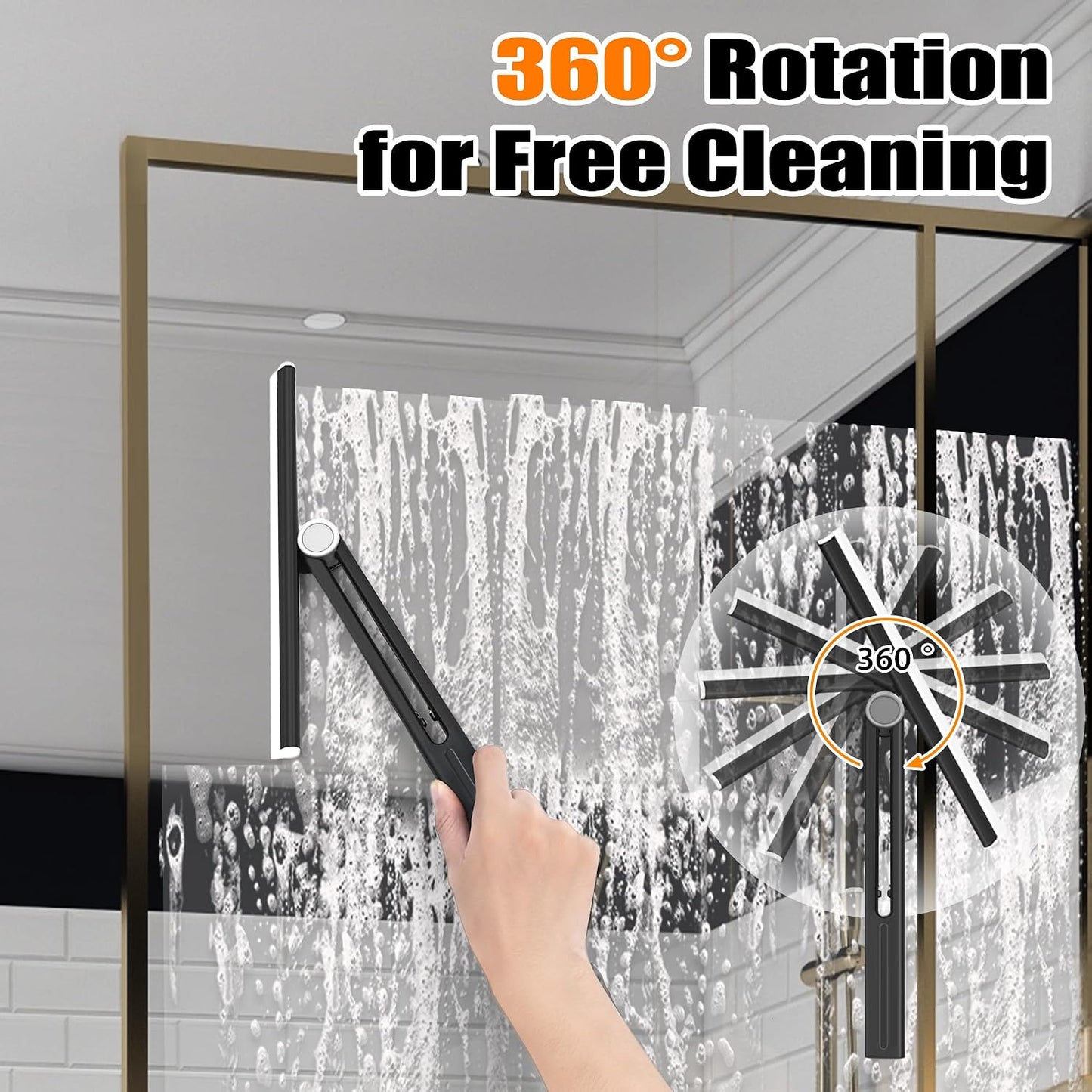 NEWE Shower Squeegee 2 Packs for Glass Doors, All-Purpose 360° Rotating Black Silicone Scraper Cleaner Tool for Tile, Walls, Mirror, Car Window, Countertop, Bathroom, 11 Inches BST202