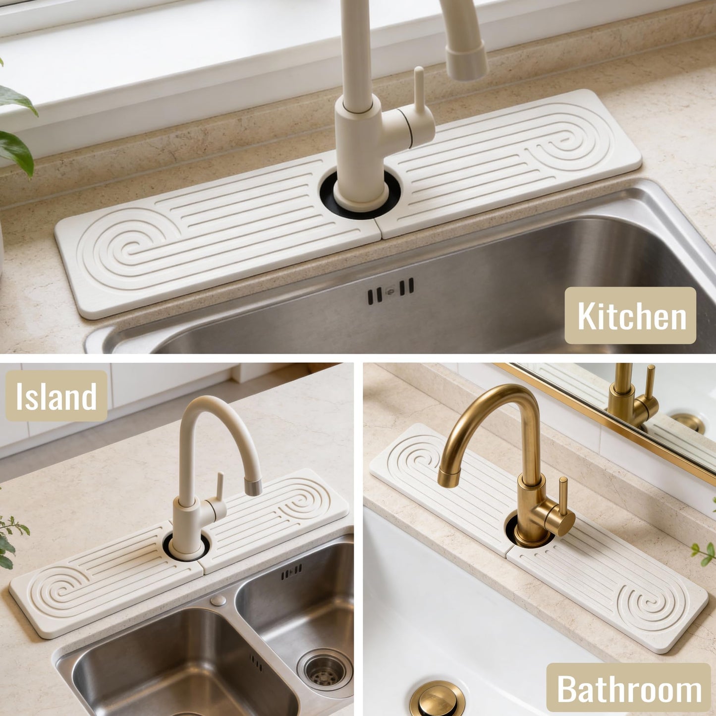 Hopegiver Stone Faucet Mat for Kitchen Sink - Fast Drying Diatomite Sink Protector Prevent Moisture, Super Water Absorbing Stone Tray for Kitchen & Bathroom Counter (White, 15.7"x3.9") BST326H