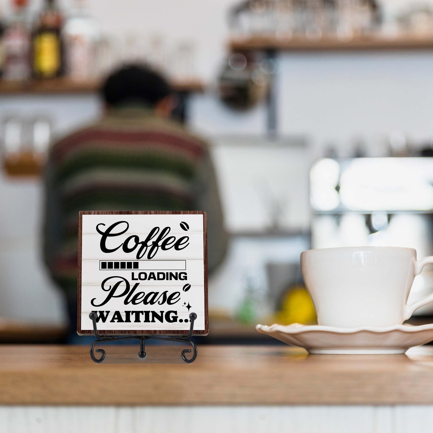 Coffee Bar Decor, Farmhouse Kitchen Table Decor, Coffee Station Accessories, Wooden Decorative Sign with Iron Stand for Table Desk Shelf Display-E21 BST220