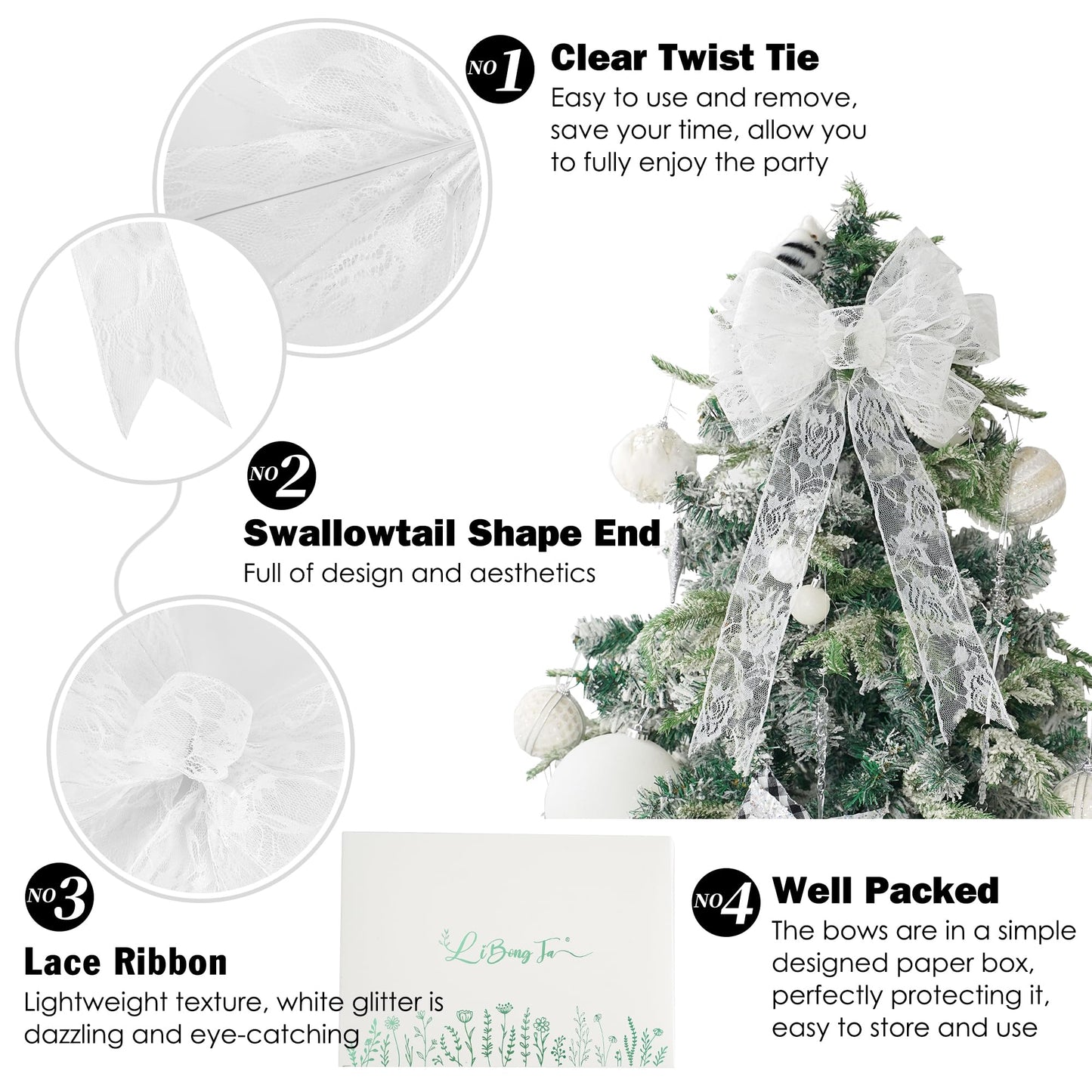 13" x 20'' White Lace Bows Wired Edge Valentine Tree Topper Bow, Glitter Bow Party Decorations, Premade Metallic Bows with Twist Tie, Large Gift Bow for Outdoor Wreath, Wedding-2 PCs BST220