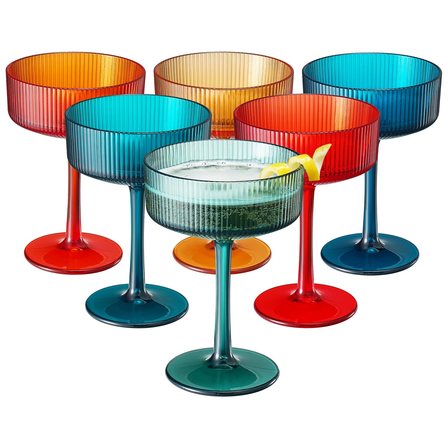 Khen Pink Peach Acrylic Ribbed Coupe Martini Champagne Cocktail Glasses, Set of 4, 8 oz Shatterproof Ripple Stemware European Style Reusable Drinkware Goblets, Indoor Outdoor Parties Weddings Bar Gift BST220