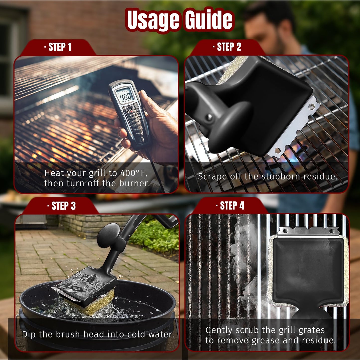 SHINESTAR Grill Brush for Outdoor Grill with 2 Replacement Heads - Cleaning BBQ Grill Brush and Scraper, Grill Brush Bristle Free with Non Metal Bristles, 3-Piece Set for Weber Traeger Grates WN420