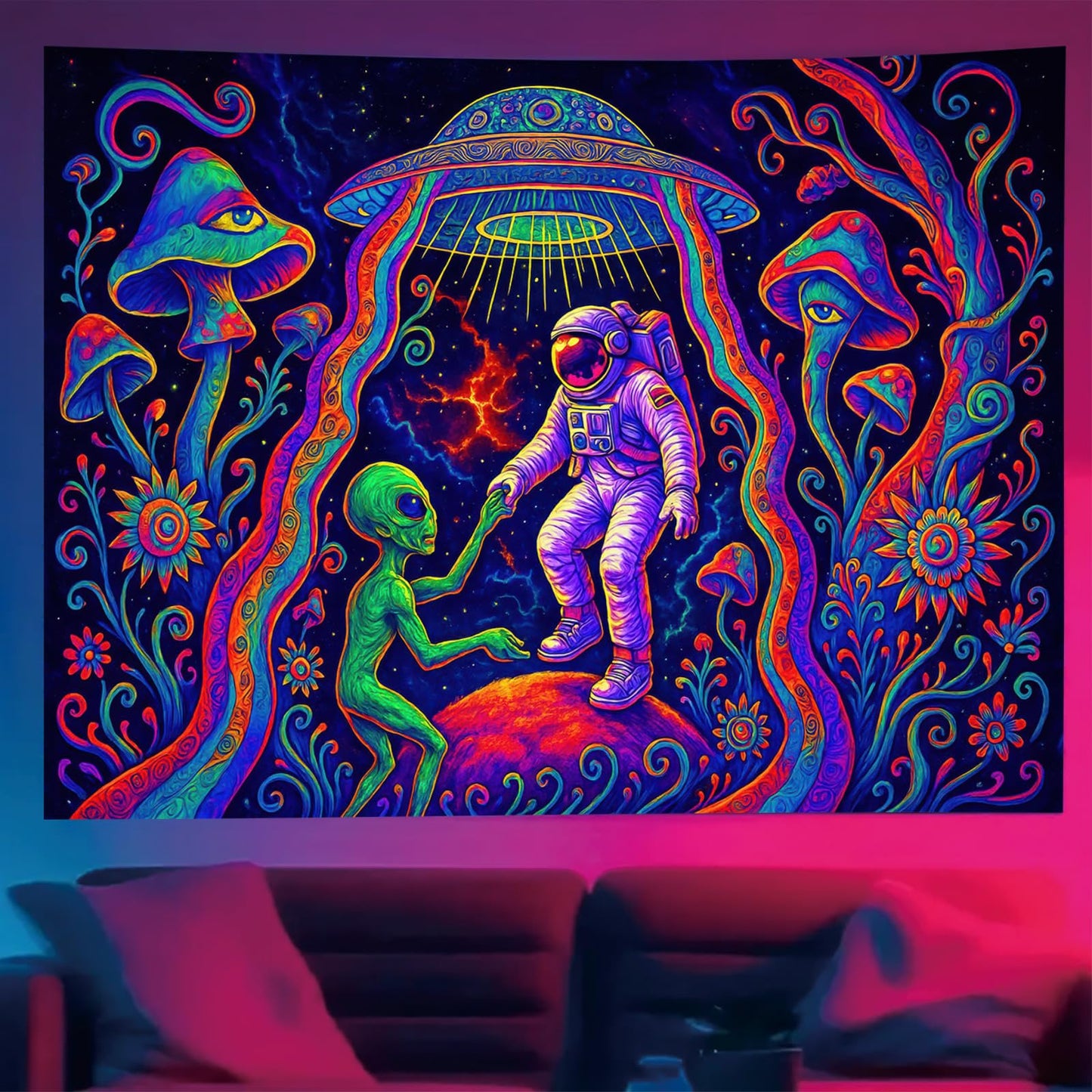 Starlit Patio Astronaut Blacklight Tapestry Trippy Forest Moon Vortex UV Reactive Galaxy Wall Hanging Psychedelic Space Poster Fluorescent Sci Fi Room Decor for Bedroom Dorm Gaming Lounge 78 x 59 Inch BST220