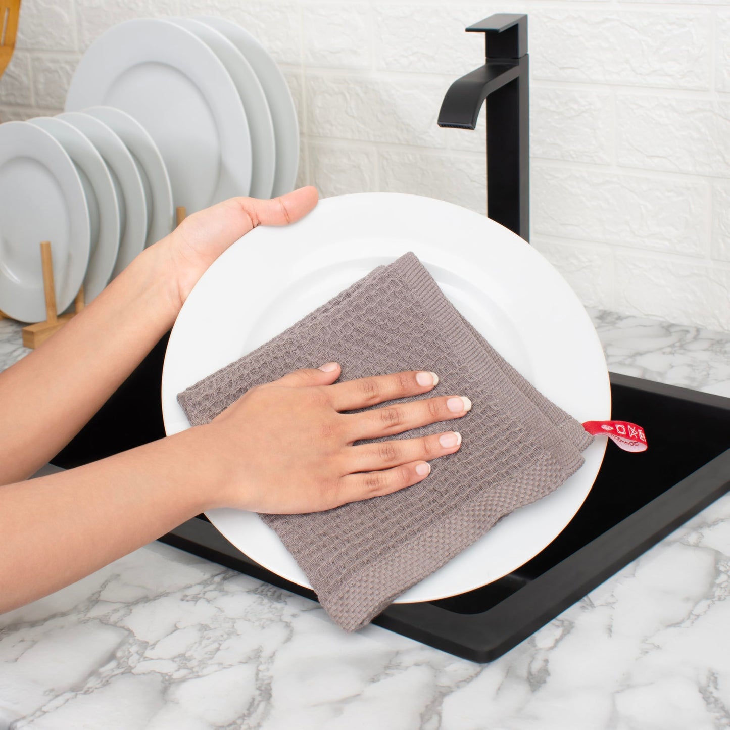 Cotton Waffle Weave Wash Cloths - Pack of 6 (12x12 Inches) | Ultra Soft, Absorbent Dish Cloths | Quick Dry, Dish Cloths & Dish Rags - Taupe/Grey (Kitchen Essentials) BST220