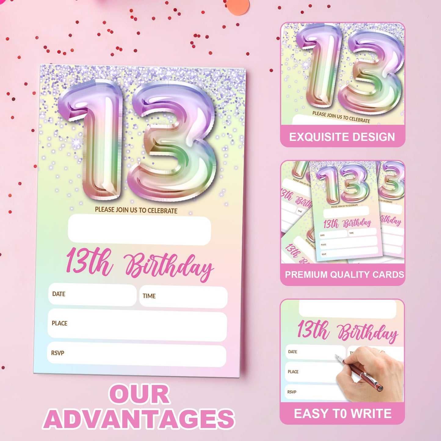 5th Birthday Invitations For Girl,Purple Glitter Birthday Invites, 20 Fill-in Rainbow Balloons Invitation Cards With Envelopes, Fifth Party Decorations 4x6 Inch-D05 WN420