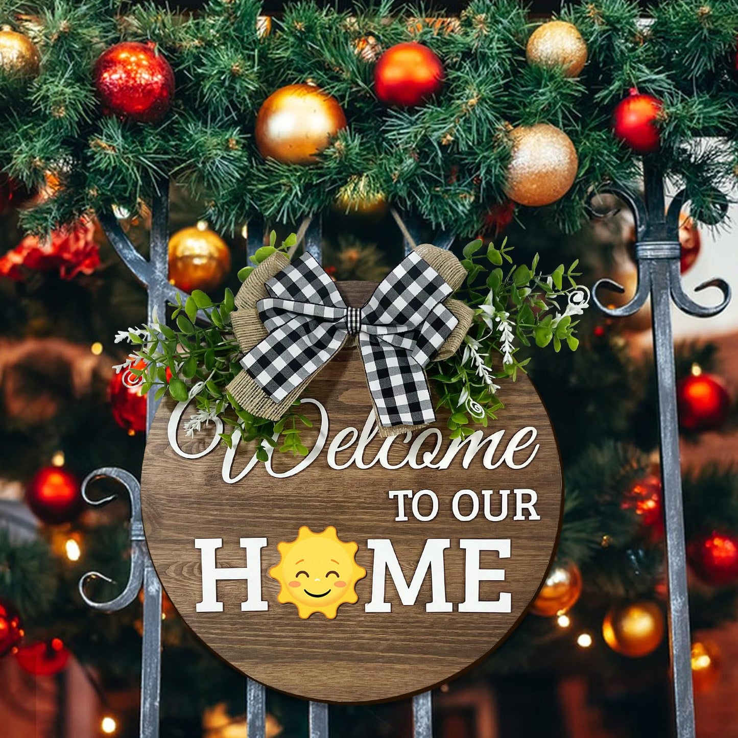 Interchangeable Seasonal Welcome Sign Front Door Decoration,Rustic Round Wood Wreaths Wall Hanging Outdoor Decor for Spring Summer Autumn and Winter All Seasons Holiday Halloween Christmas(Elf) BST326H