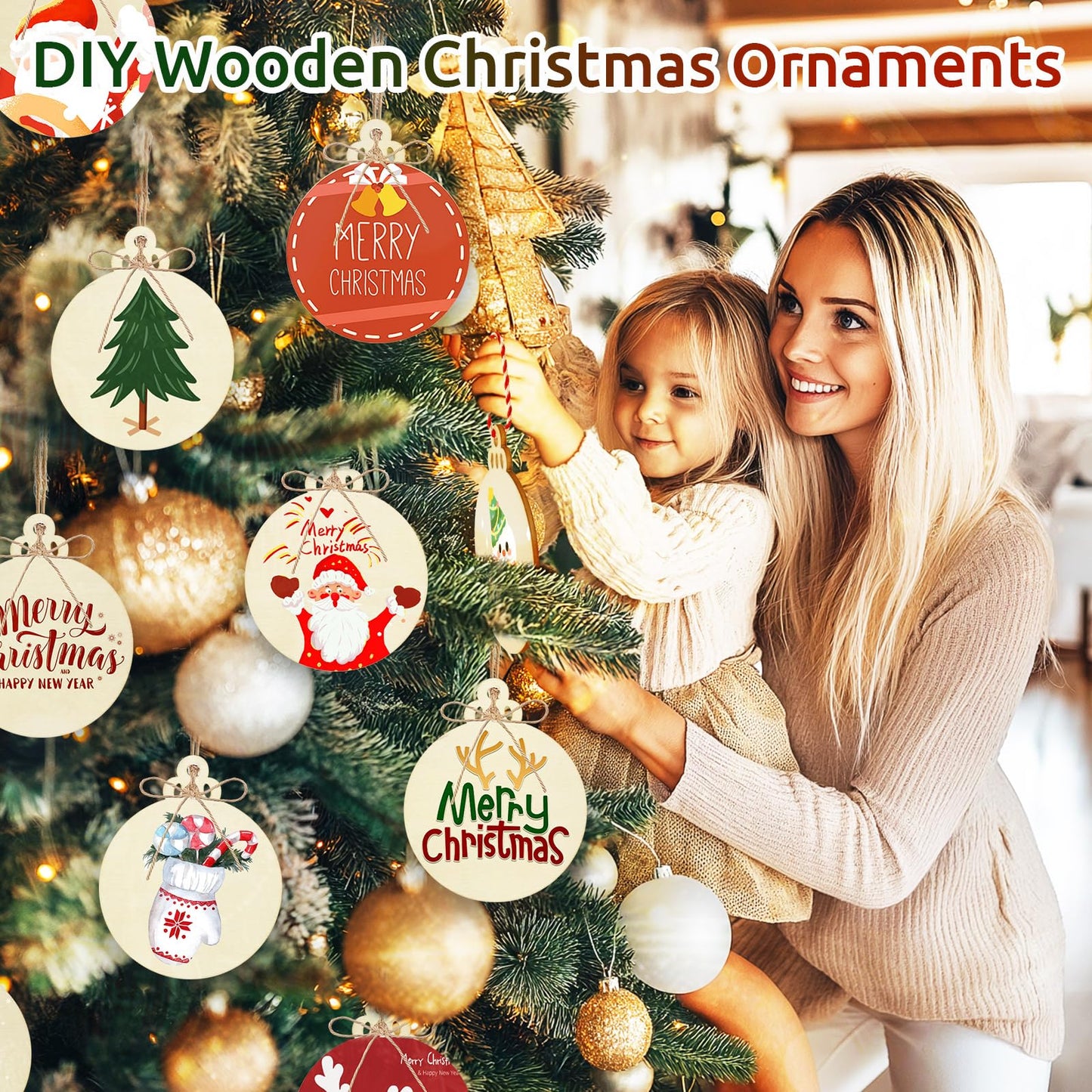 Philorn 50pcs Wooden Ornaments for Crafts 3.5" Unfinished DIY Wooden Ornaments, Predrilled Wood Slices Circles for Crafts Paint Holiday Hanging Decorations