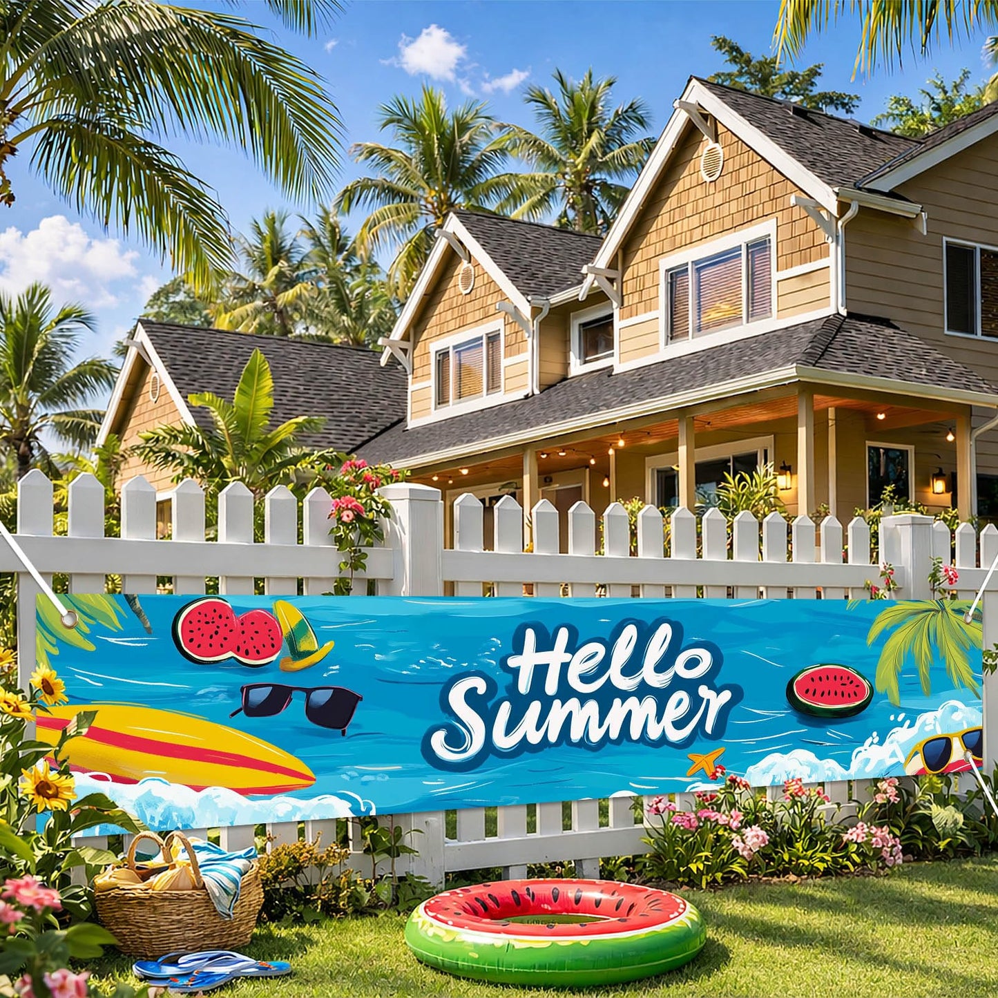 BlissYard Hello Summer Banner 118 x 20 Inch Pool Party Decorations Beach Surfboard Watermelon Tropical Fence Sign Hawaiian Luau Outdoor Backyard Wall Decor BST220