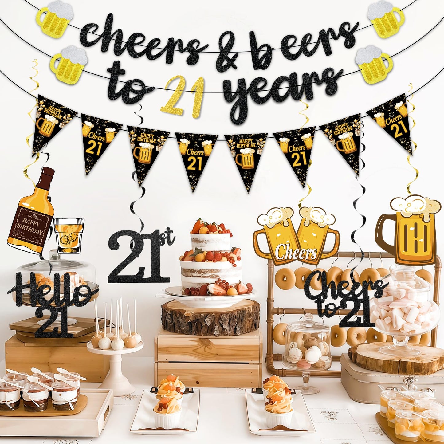 Black Gold 90th Birthday Decorations for Men Women, Glitter Pre-Strung Cheers to 90 Years Banner Hello 90 Hanging Swirls Paper Triangle Flag Banner Decorations Bday Party Supplies Kit WN420