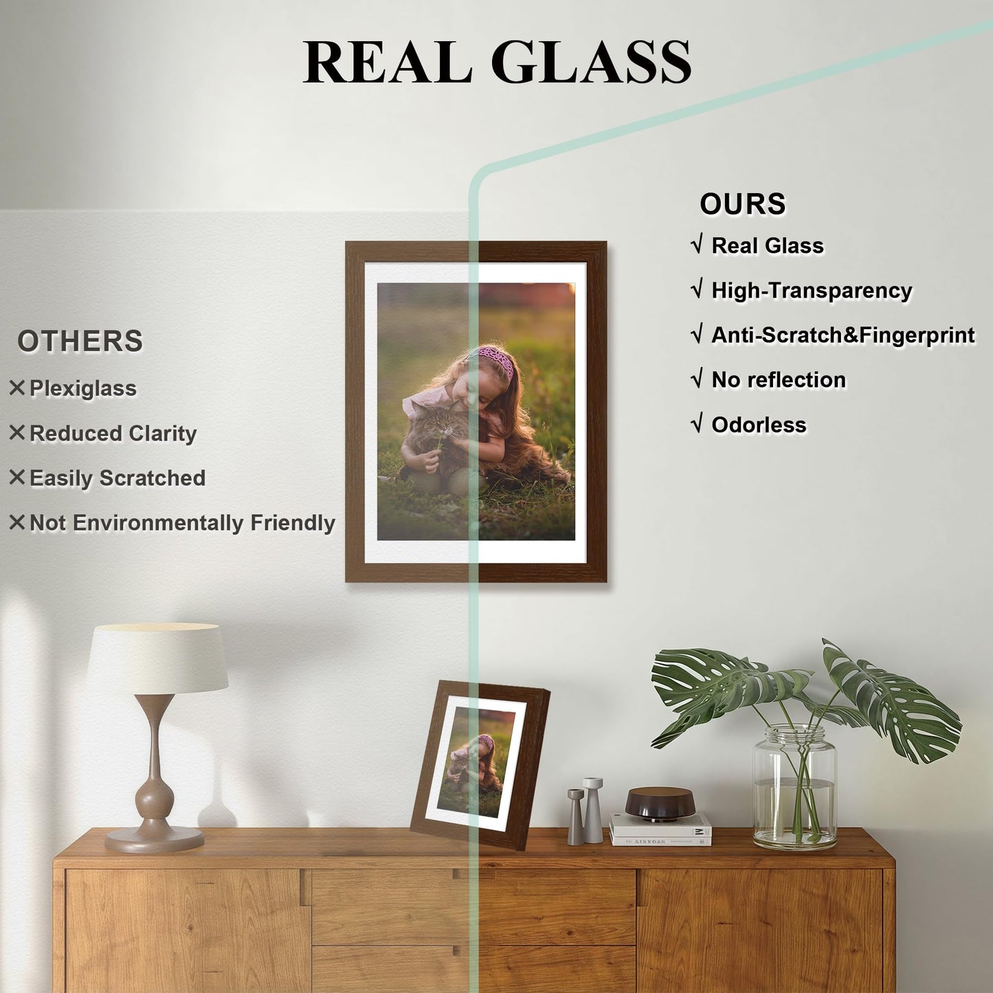 YESKAY 12x16 Picture Frame - 12 x 16 Photo Frame Made of Solid Oak Wood and Real Glass,Display Picture 4 Opening 5x7 with Mat or 12x16 Without Mat for Wall Mounting(Color Walnut) BST326H
