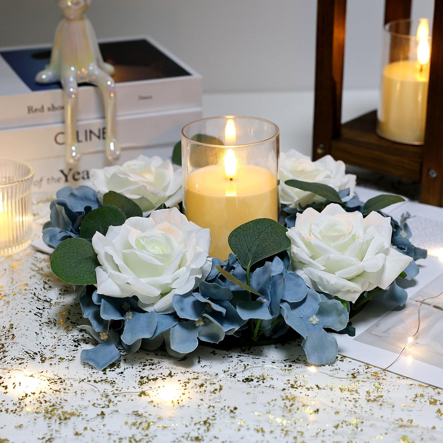 Artificial Flower Candle Rings - 6 Inch Inner Rose Floral Wreaths for Wedding Bridal Event Table Centerpieces Backdrop Decorations (Dusty Pink & White, 6 X Candle Rings) WN420