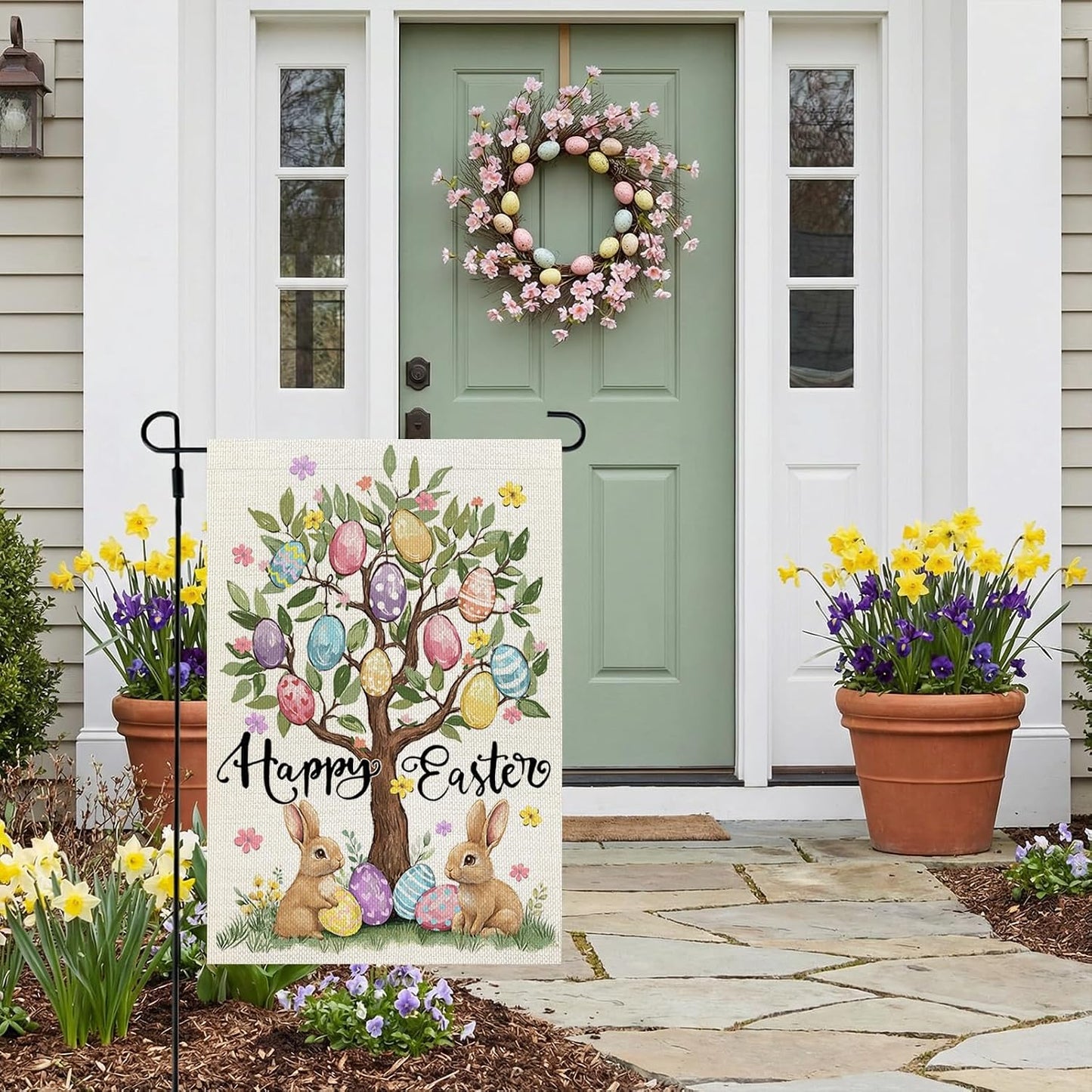 CROWNED BEAUTY Easter Garden Flag Eggs Tree 12x18 Inch Double Sided Bunny Holiday Decoration for Outdoor Lawn Yard WN420