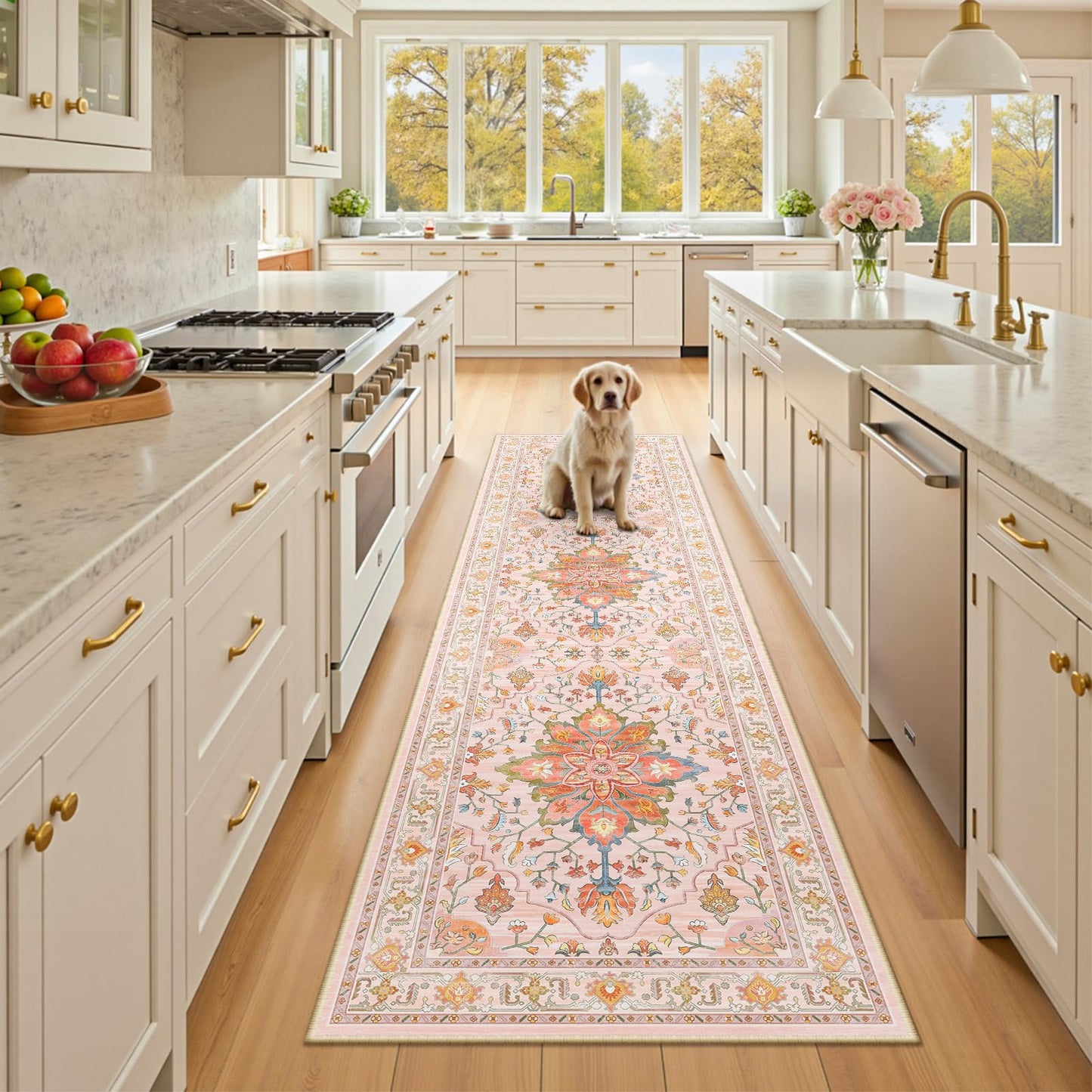 RELEANY Area Rugs Runner 2'x6' Washable Non-Slip, Floral Vintage Distress Medallion Carpet for Kitchen Hallway Bedroom Beside Laundry Room Bathroom, Teal Green Lake Blue Turquoise DD1210