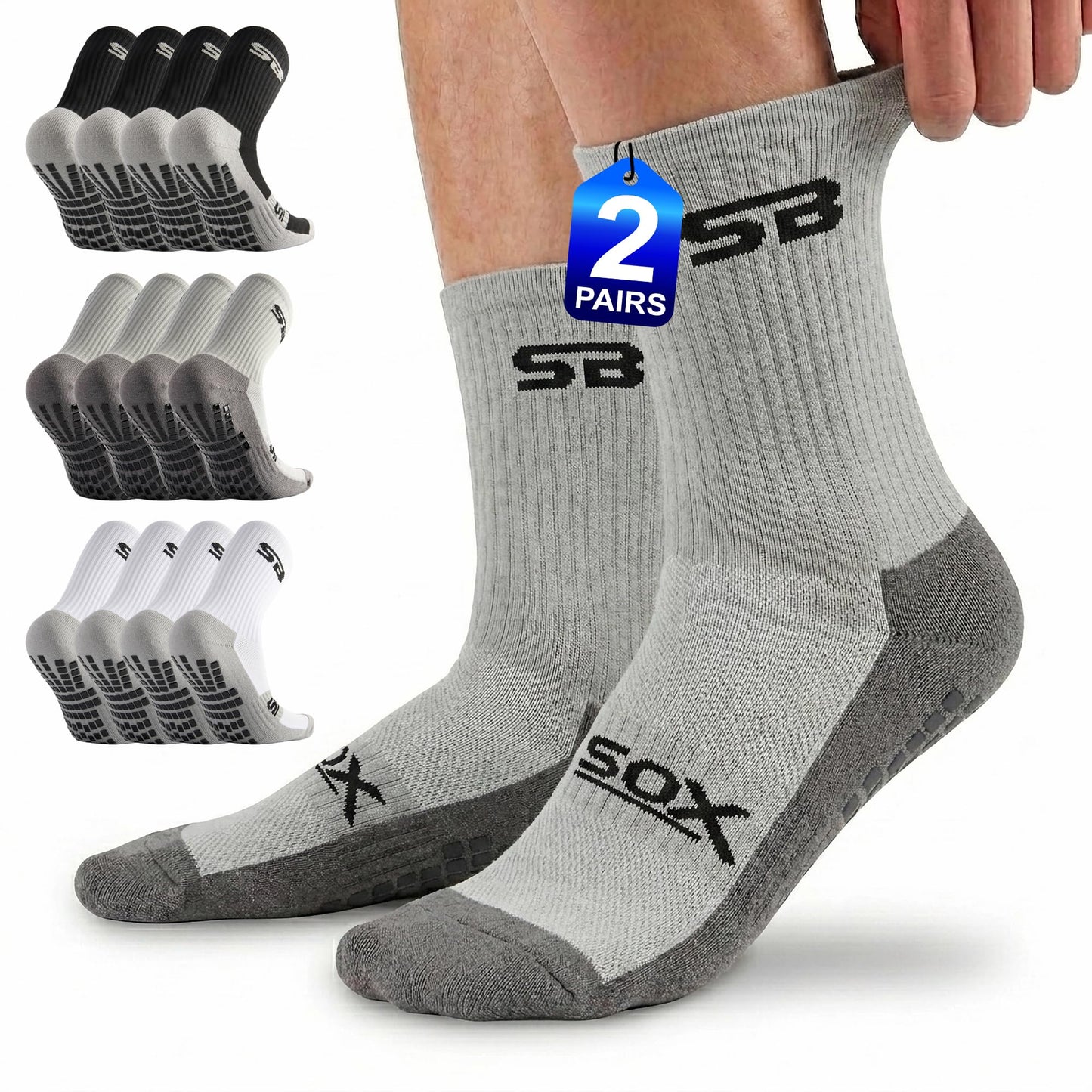 SB SOX 2-Pair Grip Socks for Men – Non Slip Athletic Traction Socks for Soccer, Gym, Pilates, Training & Everyday Wear WN420