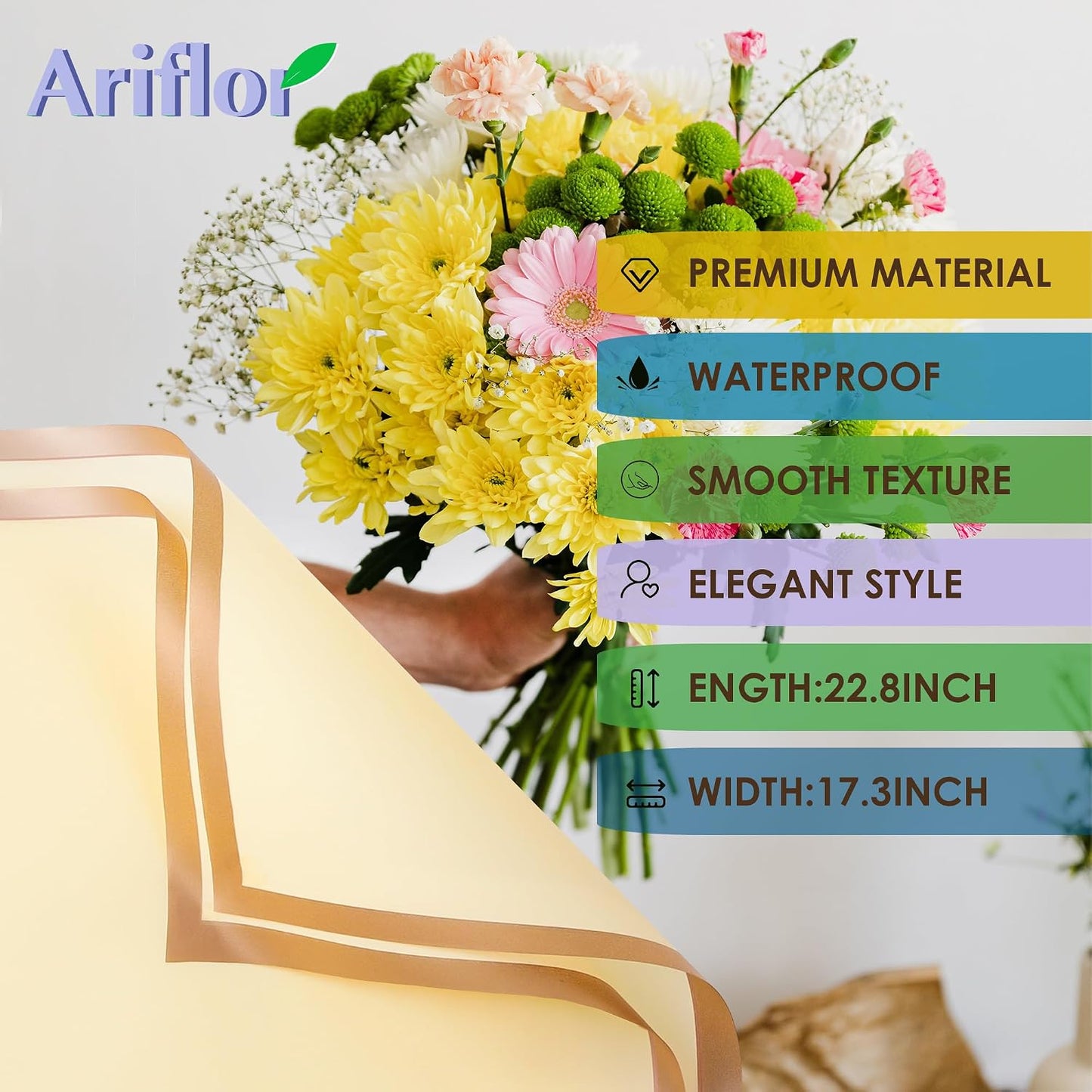 ARIFLOR 20Sheets Golden Edge Waterproof Flower Bouquet Paper - 20408 Plastic Fresh Floral Wrapping Paper, Christmas Gift Packaging, Gift Packaging, DIY Crafts, Florist Bouquet Supplies WN420