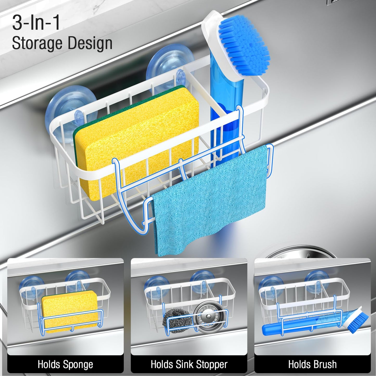 3-in-1 Kitchen Sink Caddy Organizer with Sponge Holder, Brush Holder, Extra Rack for Scrubber, Sink Stopper, Dish Cloth Hanger - Strong Dual Suction Cup, 2.0mm SUS304 Stainless Steel - Grey WN420