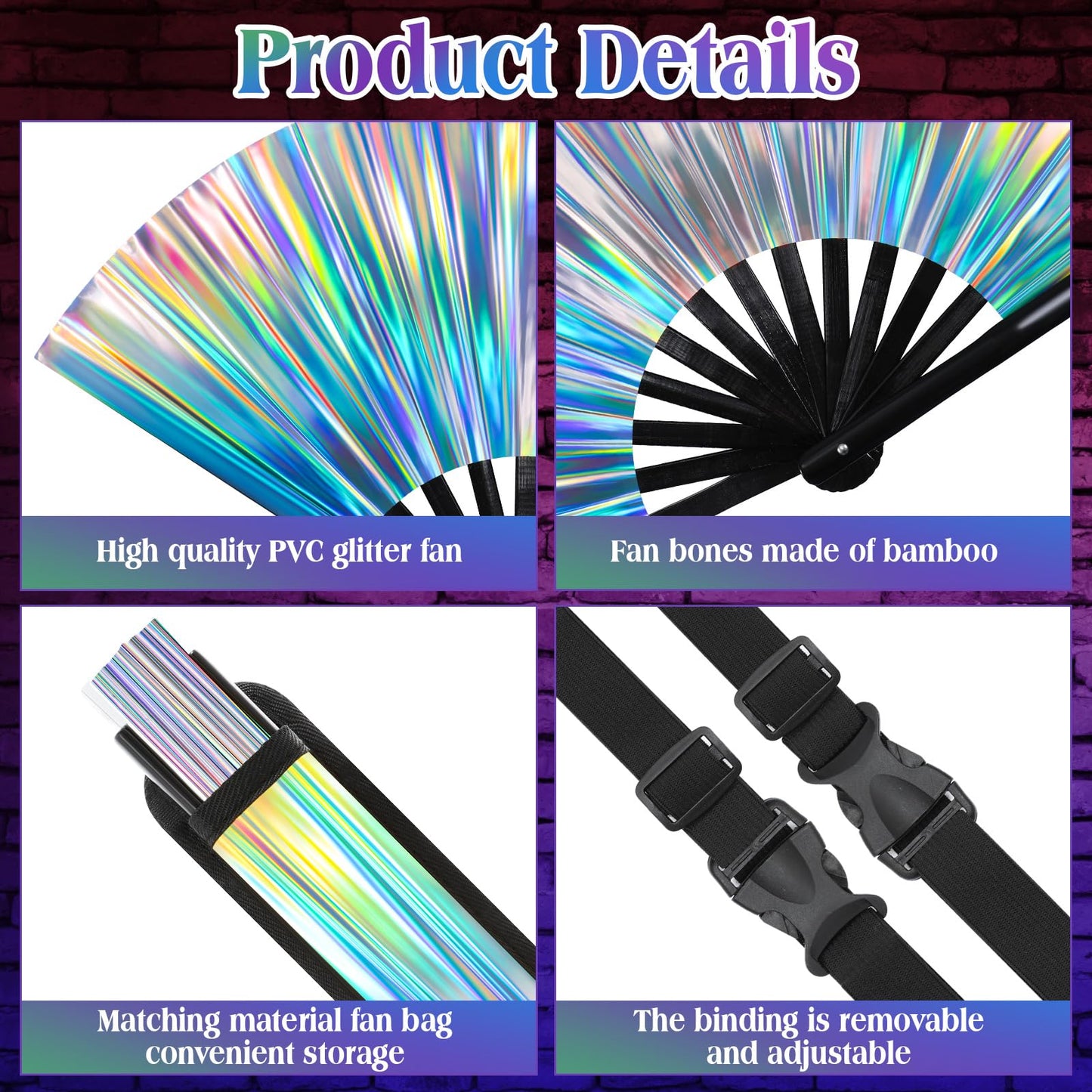 FairySandy Large Rave Fan UV Glow Clack Summer Hand Fan with Thigh Holster for Women Carnival Party Supplies for Carnival Edm Music Festival Club Accessories(Cool Style,Black) WN420