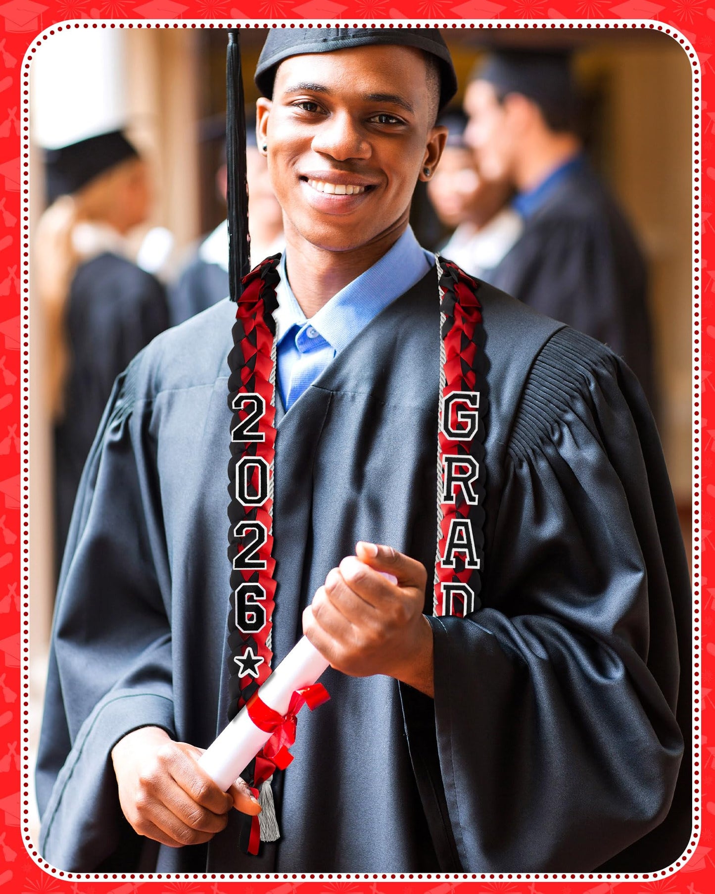 Cindeer 2026 Graduation Ribbon Lei Set Handmade Braided Necklace Honor Cord with Tassel 2026 Grad Embroidery Patches for High School College Graduation Party Supplies(Black, Red) BST220