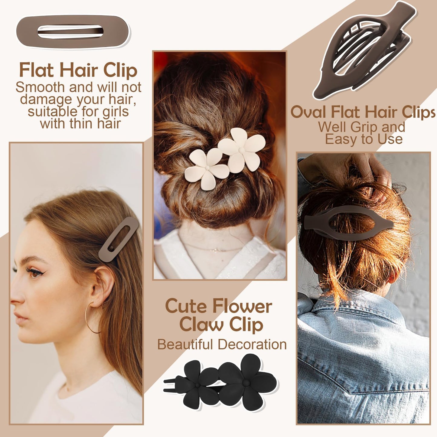 8 Pcs Flat Hair Clips for Women, 2 Styles Large Flat Claw Clips for Women, Strong Hold Non-slip French Hair Clips for Thick Thin Hair, Neutral Color WN420