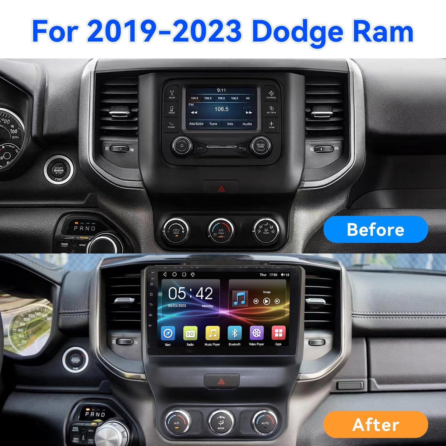 4+64G Car Radio for Dodge Ram 9 inch Touch Screen 2019 2020 2021 2022 2023 2024 Stereo,Wireless Carplay/WiFi/Bluetooth/EQ Audio/Andriod Auto/AM/FM/Navigation/AHD Camera
