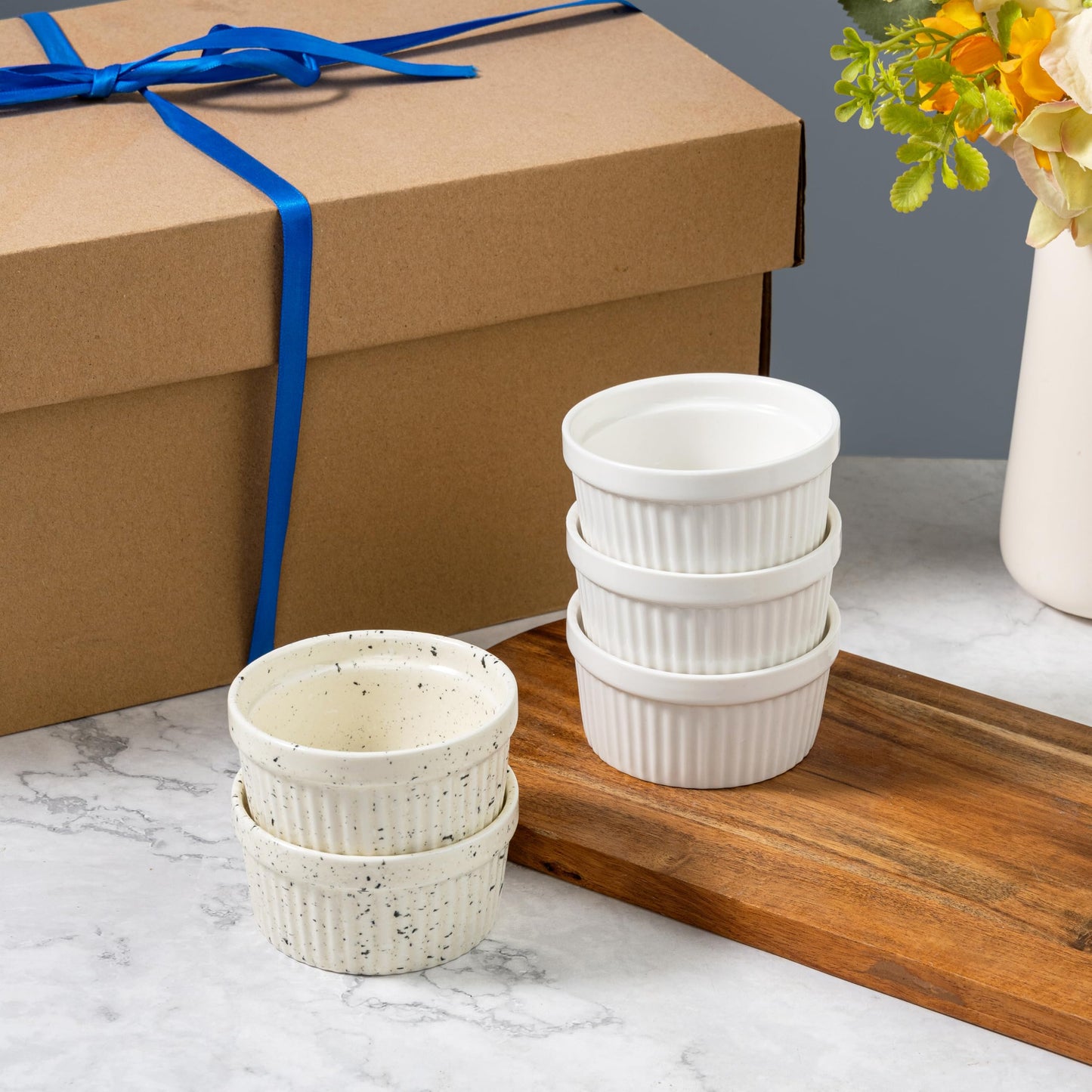 4oz Ramekins Set of 4,Creme Brulee Ramekins Oven Safe,Ceramic Custard Cups Ramiken for Baking,Souffle Ramekin Bowls for Pudding Ice Cream,Blue BST220