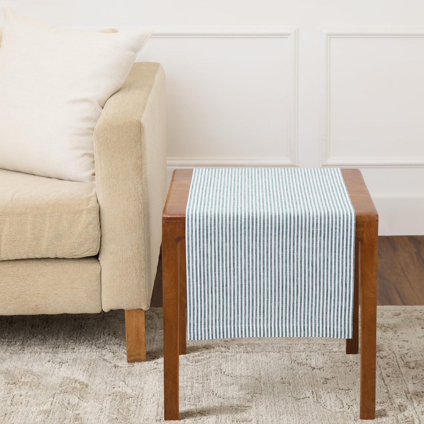 Solino Home 100% Pure Linen Table Runner Stripe Striped, Julia 14 x 72 in | Table Runners for dining, hallway and console tables; woven stripe, mitered corners; Muted Pastel Stripe; OEKO-TEX Certified BST326SOLH