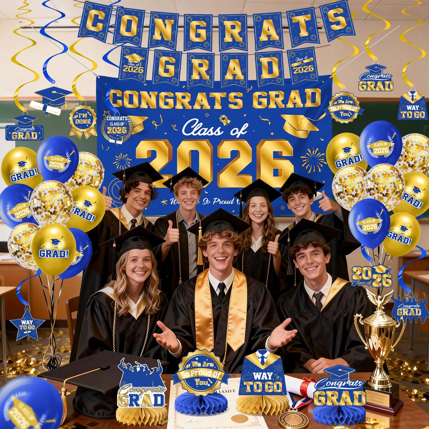 Graduation Decorations 2026-Black and Gold Graduation Party Decorations Supplies Class of 2026 with Graduation Banner, Backdrop, Balloons, Centerpieces, Hanging Swirl for Grad Party BST326H