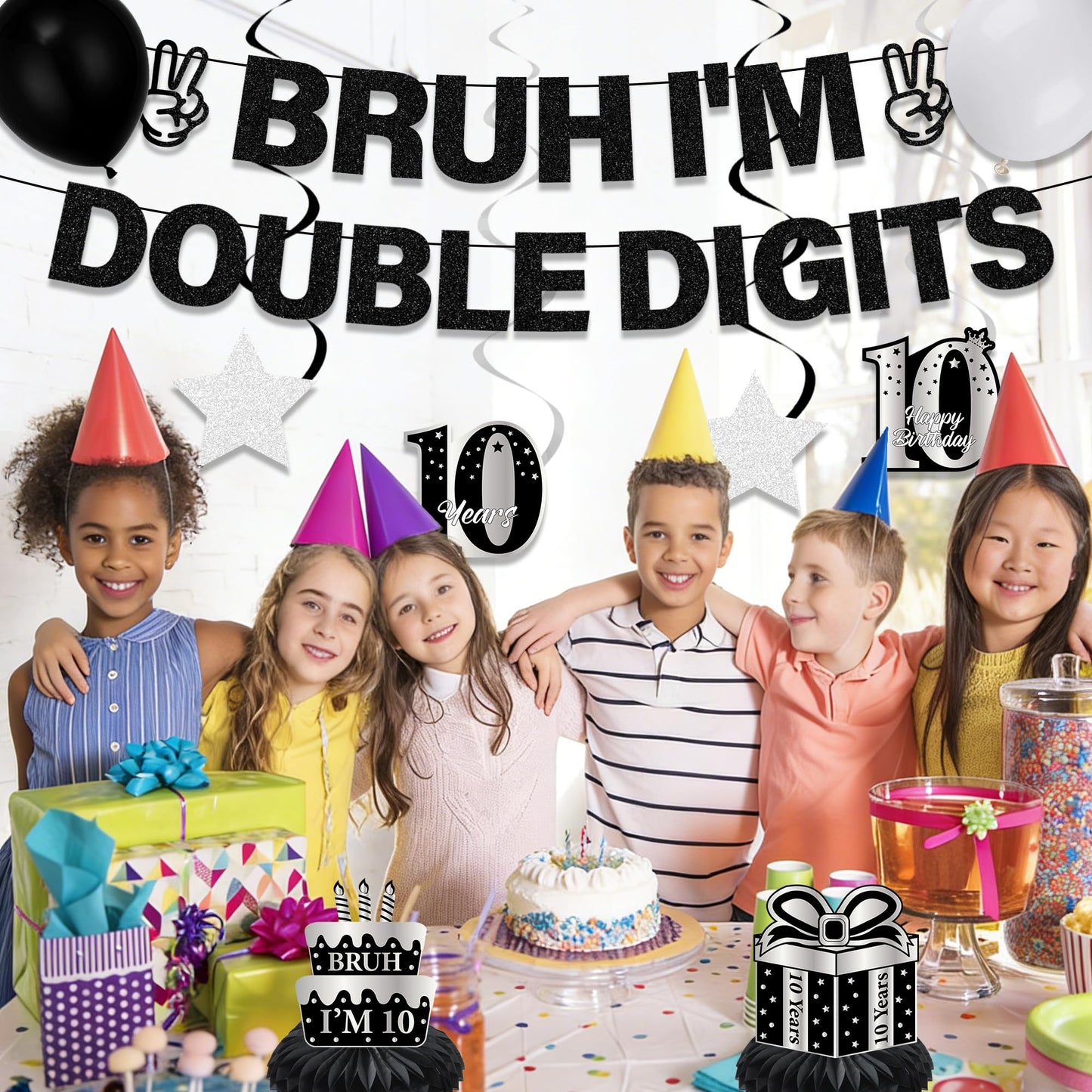 10th Birthday Decorations Banner Boys - 11 Pcs Silver Black Bruh I'M Double Digits Banners Hanging Swirls Honeycomb Table Decoration Latex Balloons For Boy 10 Year Old Bday Party Supplies BST220