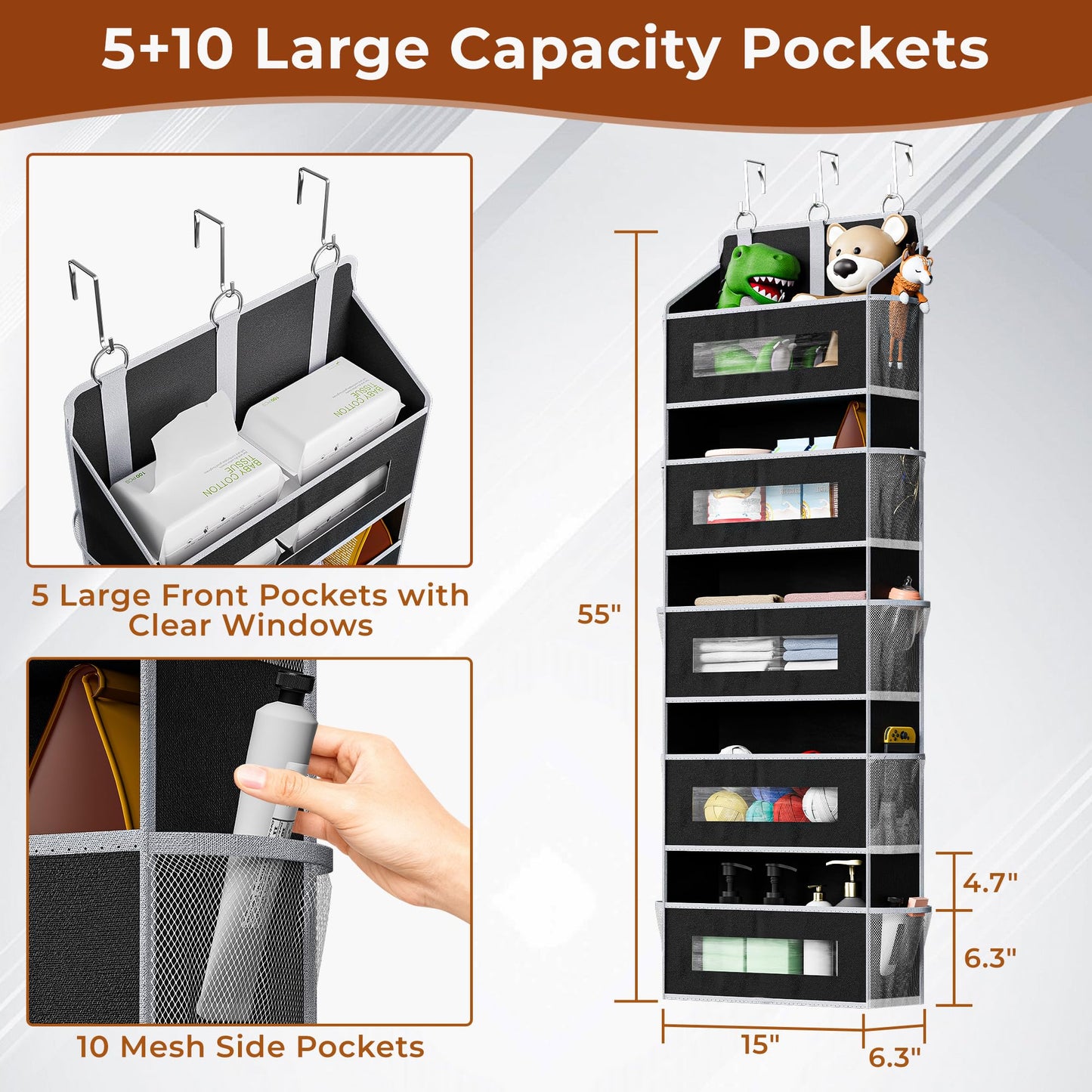 5 Tier Over The Door Organizer - Large Capacity Behind Door Hanging Shelves with 10 Mesh Pockets and Clear Windows, Closet Organizers and Storage for Bathroom, Bedroom, Nursery, Grey BST326H