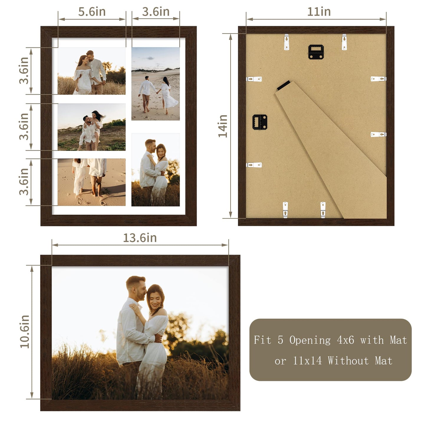 YESKAY 12x16 Picture Frame - 12 x 16 Photo Frame Made of Solid Oak Wood and Real Glass,Display Picture 4 Opening 5x7 with Mat or 12x16 Without Mat for Wall Mounting(Color Walnut) BST326H