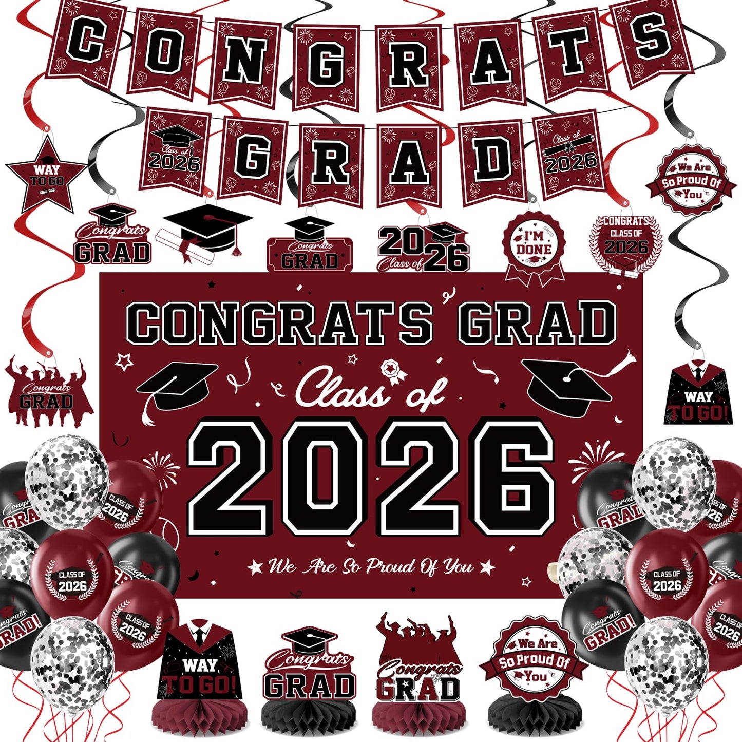 Graduation Decorations 2026-Black and Gold Graduation Party Decorations Supplies Class of 2026 with Graduation Banner, Backdrop, Balloons, Centerpieces, Hanging Swirl for Grad Party BST326H