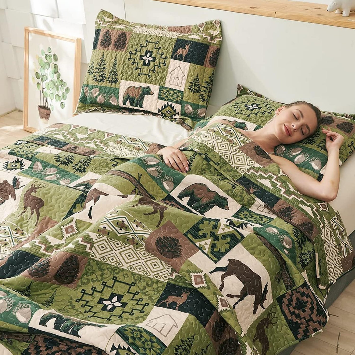 Rustic Moose Quilt Set King Size Lodge Quilt Lightweight Summer Cabin Bedspread Country Bedding Forest Bear Fish Pine Coverlet Daybed Cover Blanket Woodland Home Decor-Brown White BST220