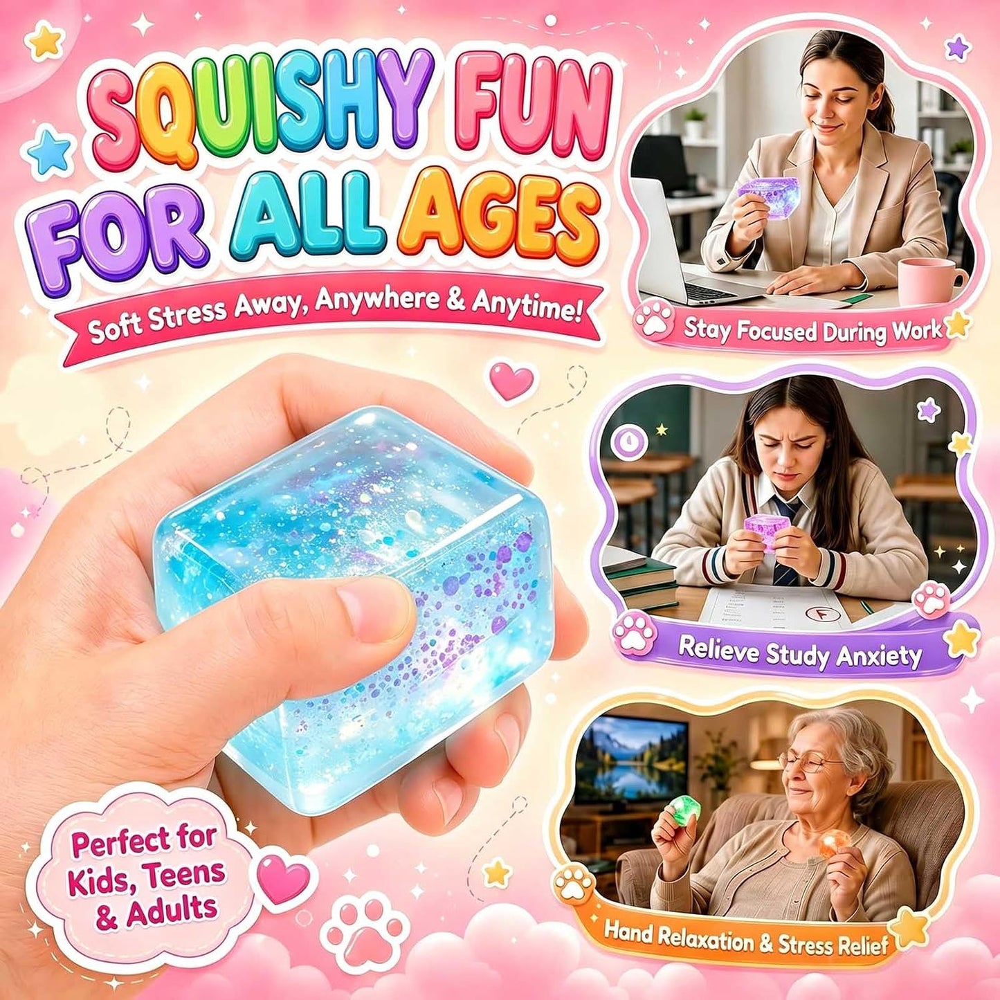 BENWIL 6 Pack Big Glitter Sugar Ice Cube Squishy Stress Balls Kit - Cube Squeezee Fidget Squishy Box Toys for Kids Adults, Holiday and Birthday Gifts, Perfect Party Toy Gift, Easter Basket Gift BST326H