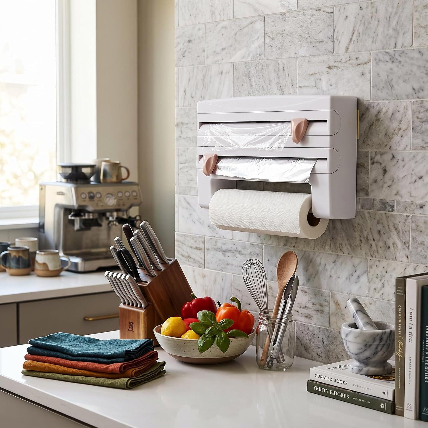 Plastic Wrap Dispenser Wall Mounted Paper Towel Holder with Side Button Inside Cutter No Drill Easy Installation Multifunctional Storage for Kitchen Cling Film Aluminum Foil Garbage Bags BST202