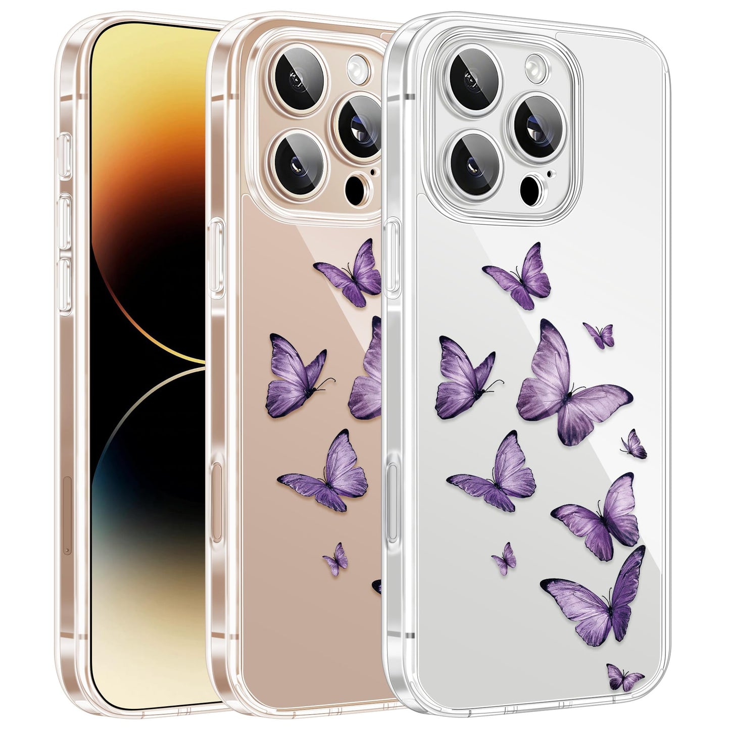 Cute Girly Crystal Clear Case Compatible with iPhone 16 Pro, Camera Control & Shockproof Protection Floral Case for Women, Blue Butterflies WN420